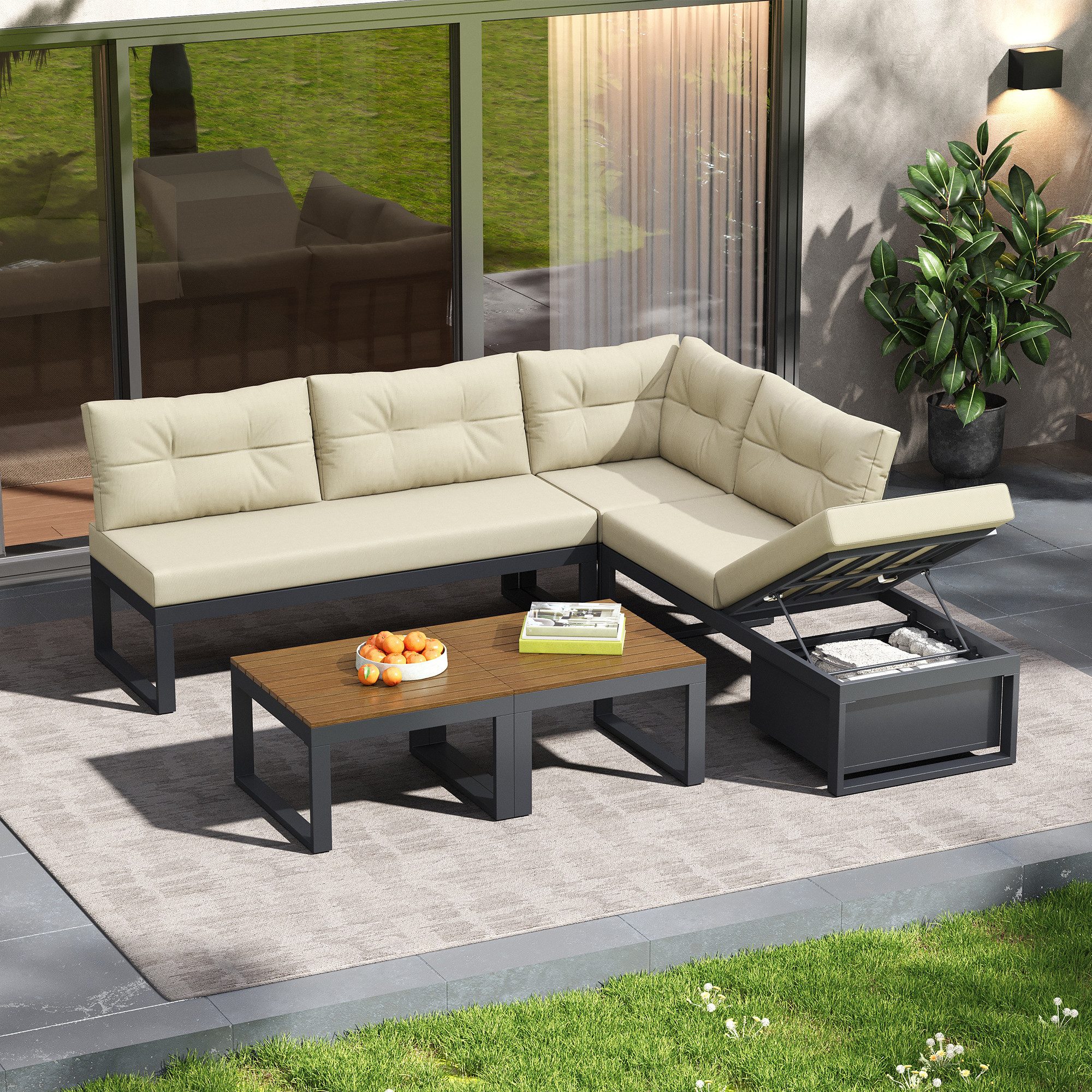 KLAM HOME Gartenlounge-Set 4-6 Sitzer Modernes Gartenmöbelset Gartenlounge-Set Ecksofa, (3-stufig verstellbare Rückenlehne+Liegefunktion+Stauraum), Wetterfest Polyester für Außenbereich, Terrasse, Balkon und Garten
