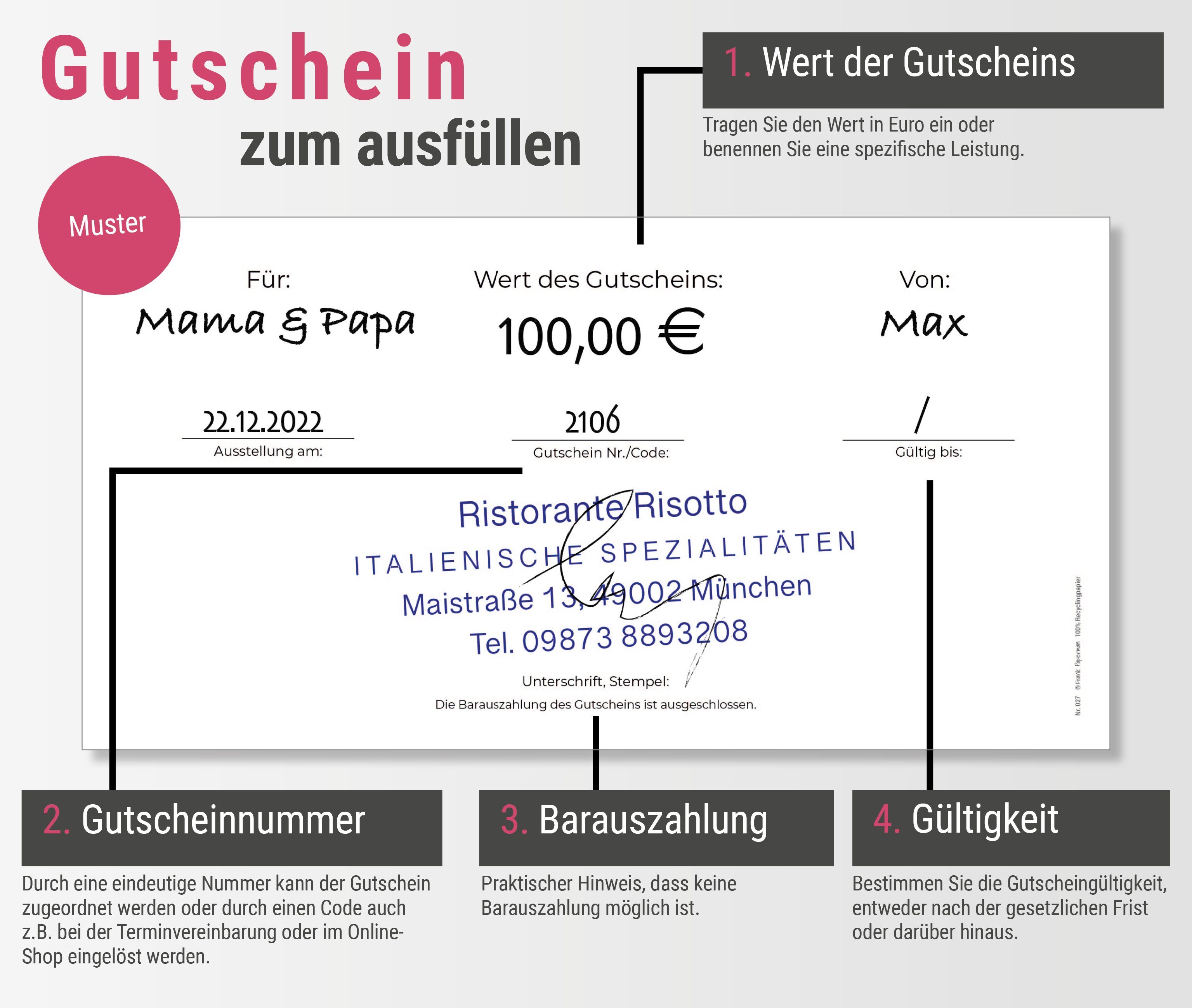 Frank Paperman Geschenkkarte, Gutschein für Kunden, Magenta, zum selbst Ausfüllen, Gutscheinkarten, Geschenkgutschein Nagelstudio, Friseur, Kosmetik