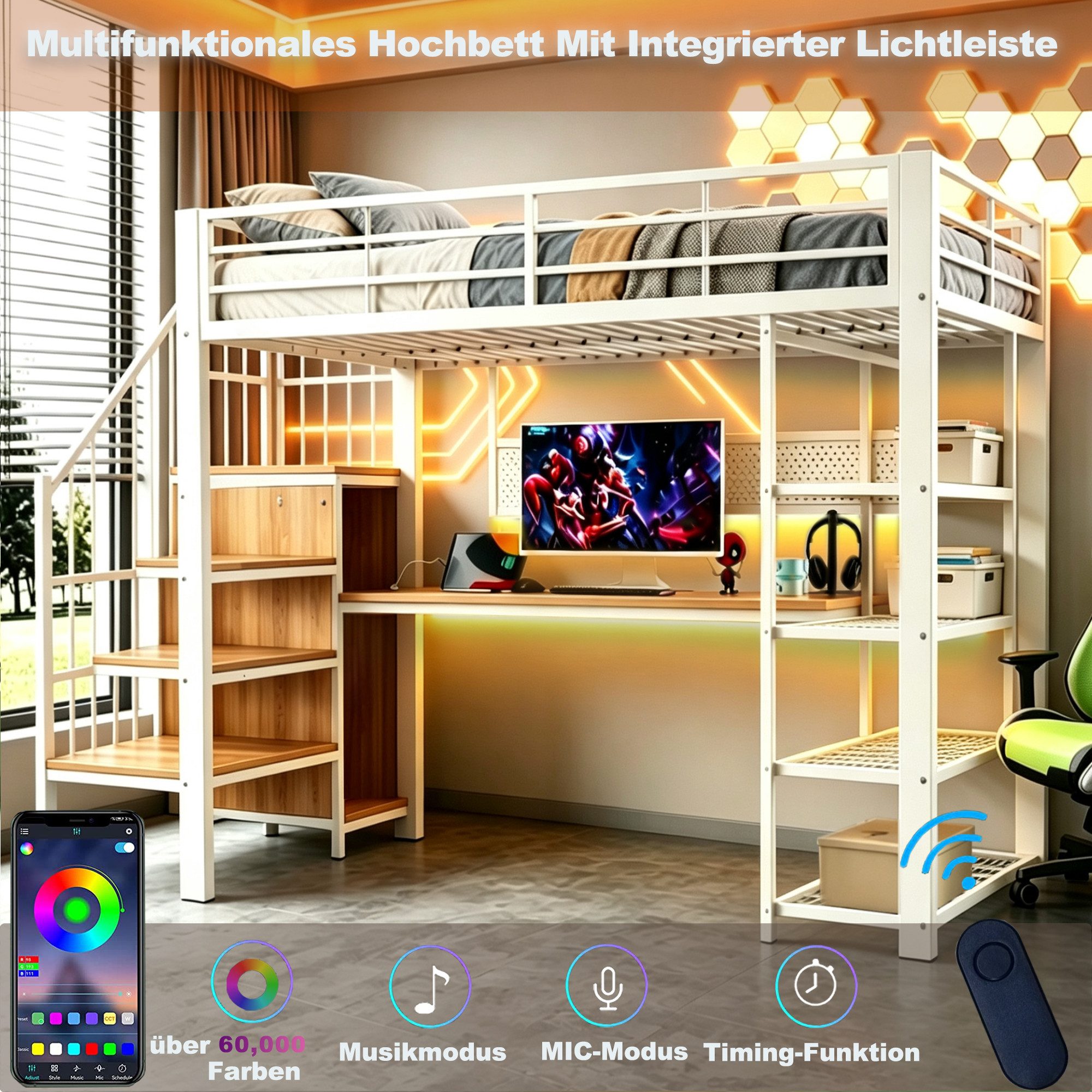 Flieks Hochbett Metallbett 90x200cm mit Lochblech, Schreibtisch, LED& Aufladen, Regal – Bild 4 von 5
