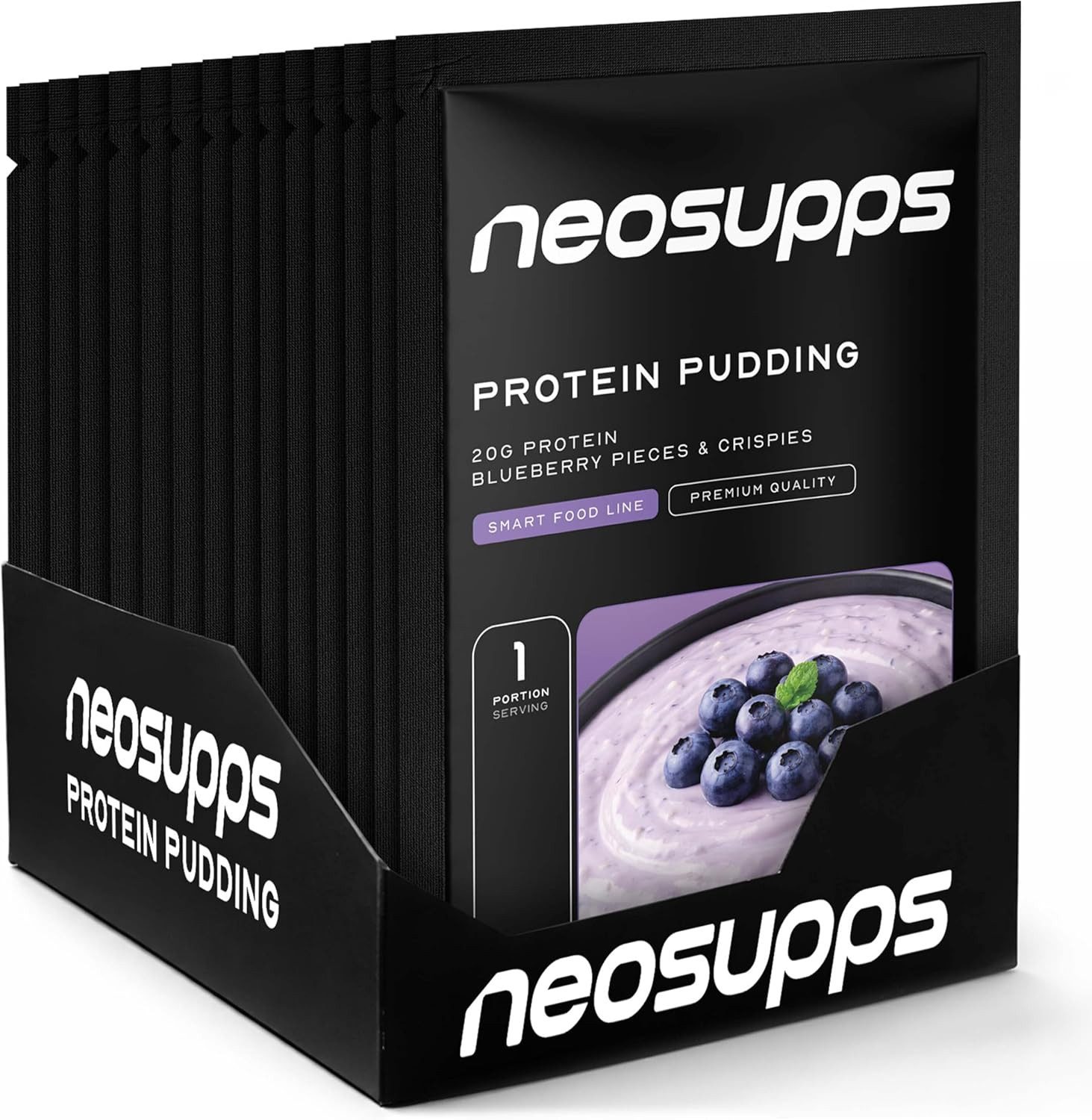 Neosupps Pudding Blueberry, High Protein Dessert 15x30g Portionen, 20g Eiweiß Pulver, Wenig Zucker & Kalorien, cremiger Protein Snack mit Crispies