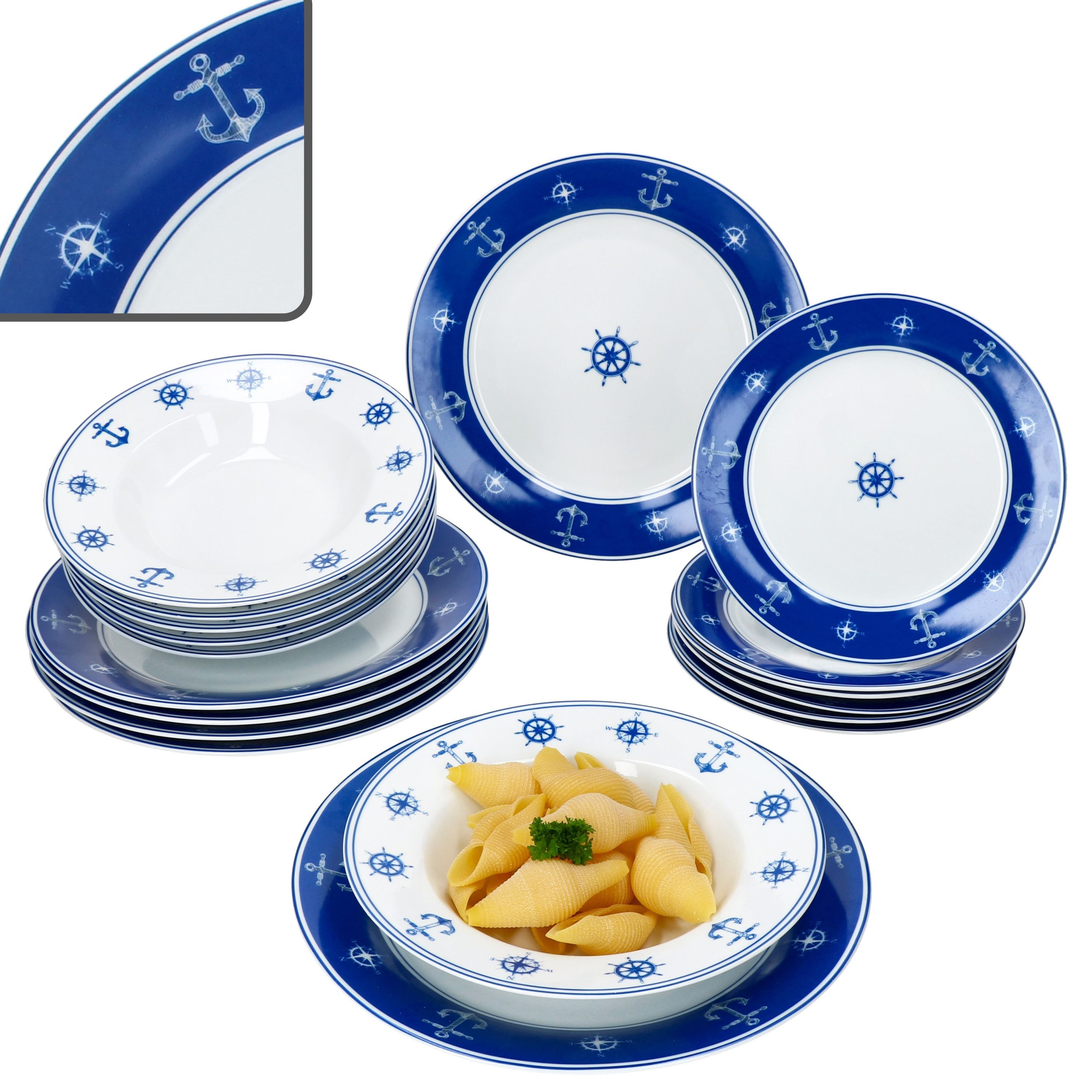 MamboCat Teller-Set MamboCat Ahoi 18tlg Tellerset Porzellan Anker maritimes Geschirr, Porzellan