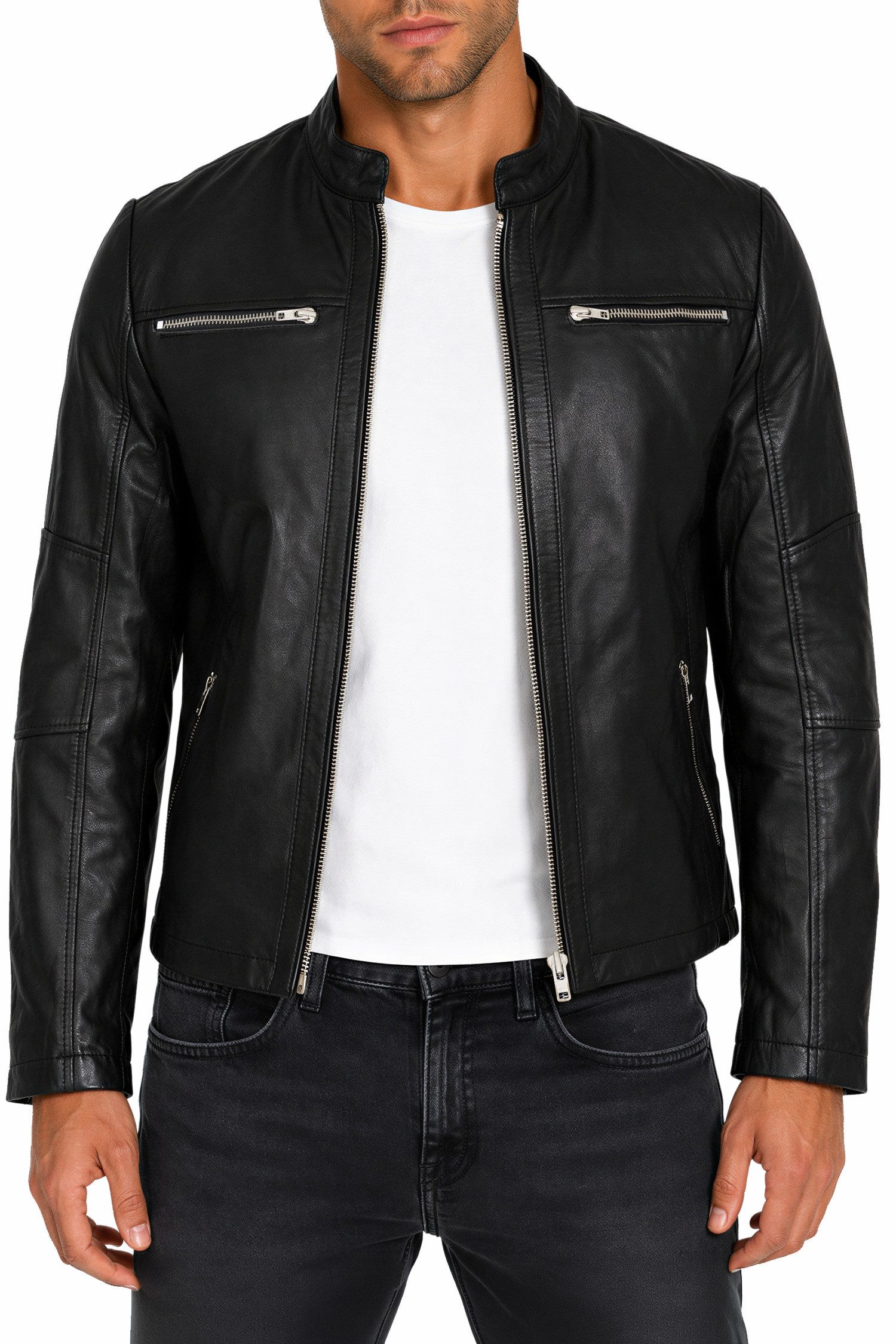 Reichstadt Lederjacke Herren Slim Fit Bikerjacke Silver Zipper 20RS20LUX Reißverschluss an den Ärmelenden