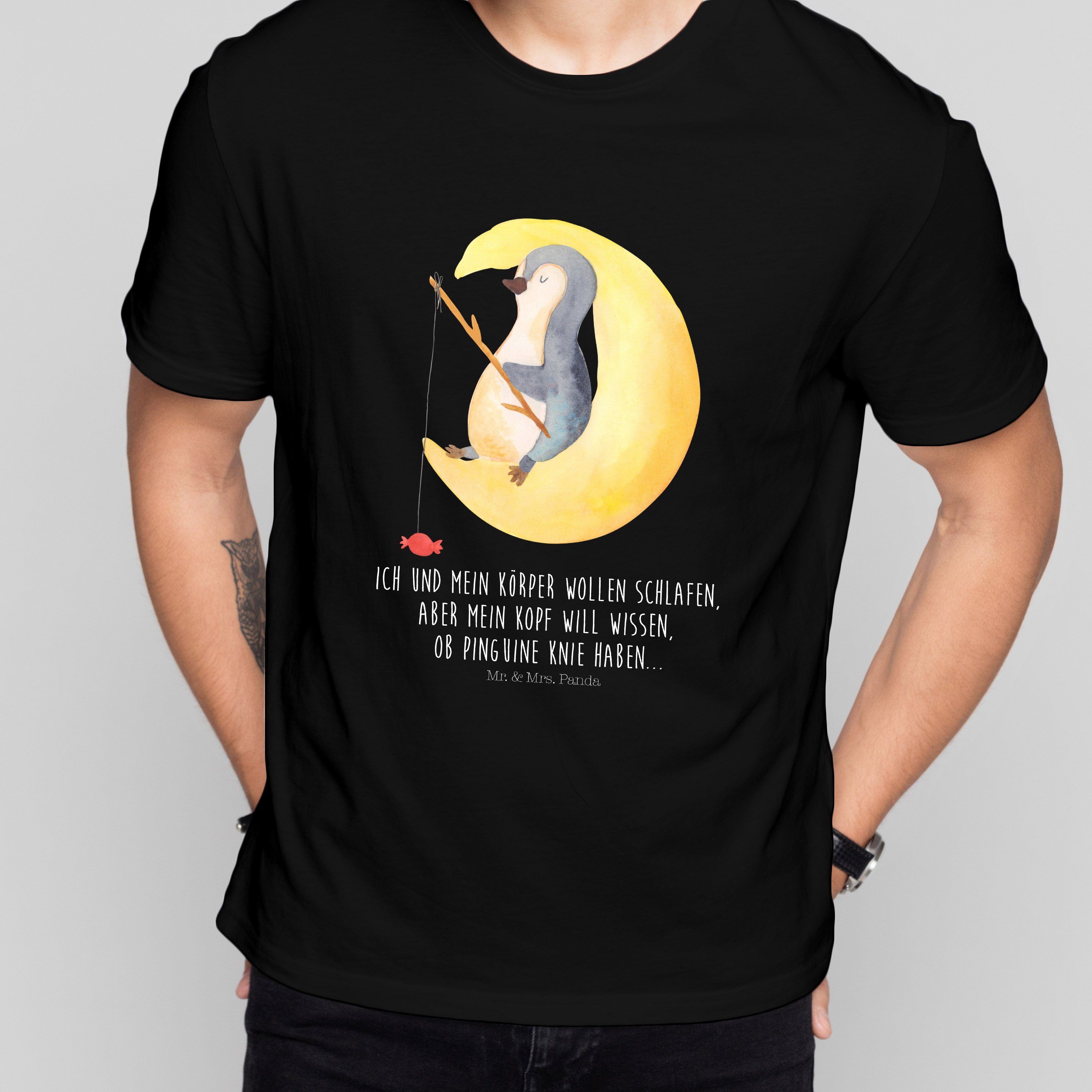 Mr. & Mrs. Panda T-Shirt Schwarz Mond Pinguine, T-Shirt mit Herr Pinguin Spruch, Geschenk, - (1-tlg) 