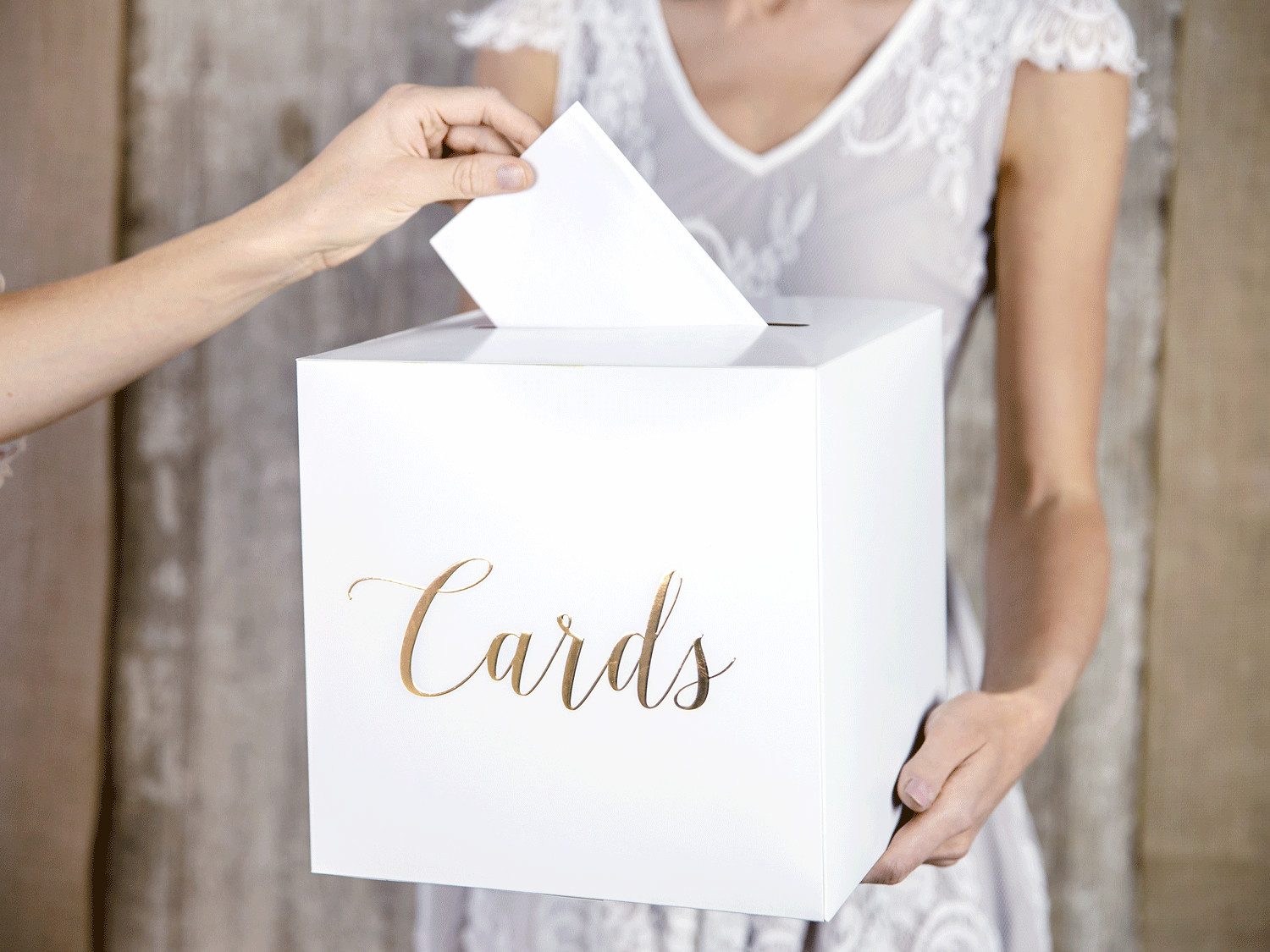 partydeco Geschenkbox, Kartenbox Hochzeit 24cm Papier, weiß / gold