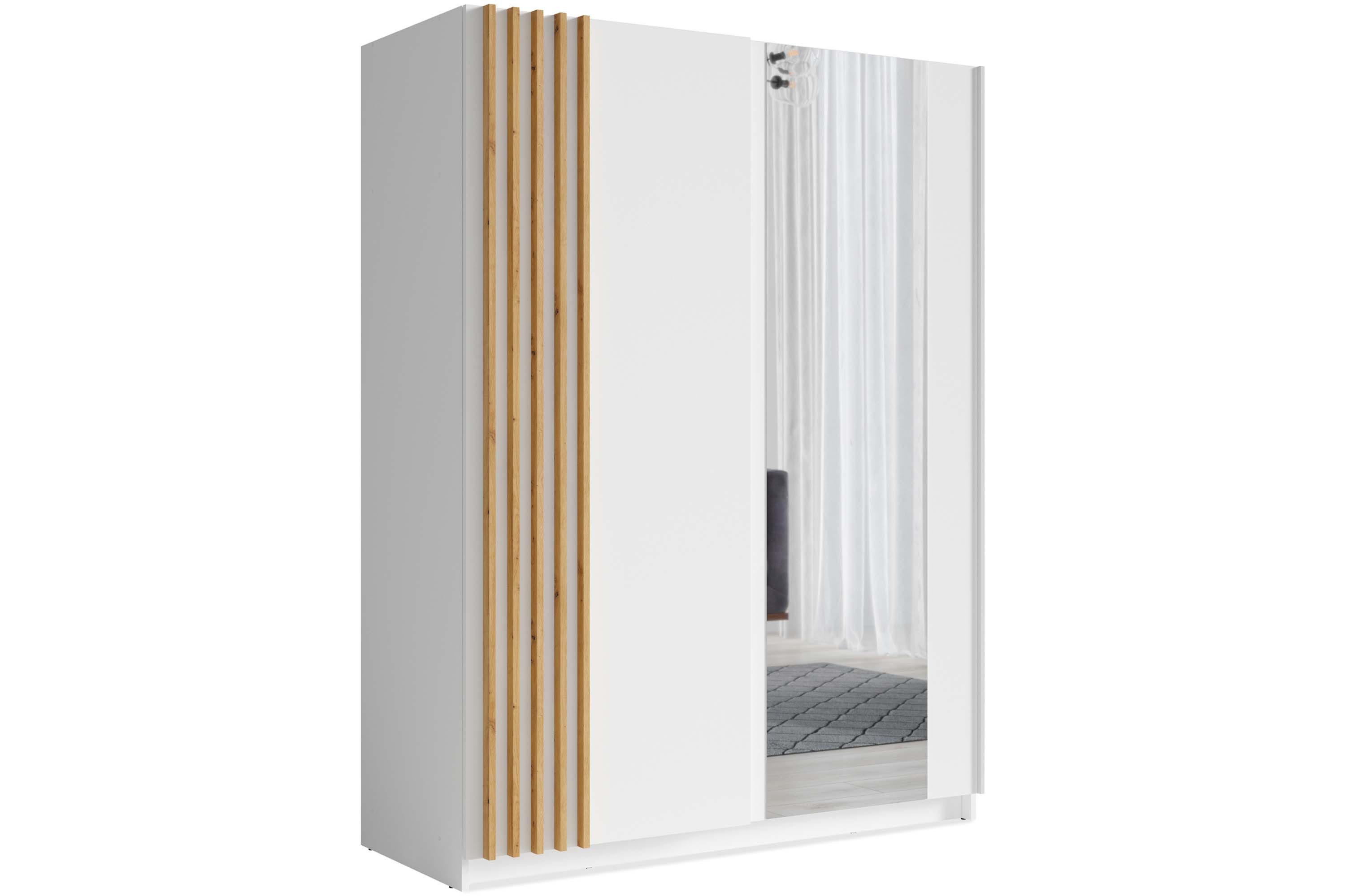 KONSIMO® Schwebetürenschrank CASTARI Kleiderschrank, mit dekorativen Lamellen, Modern (viel Stauraum, Höhe 198 cm) hergestellt in der EU, handgefertigt, 2-türig, Griffleisten