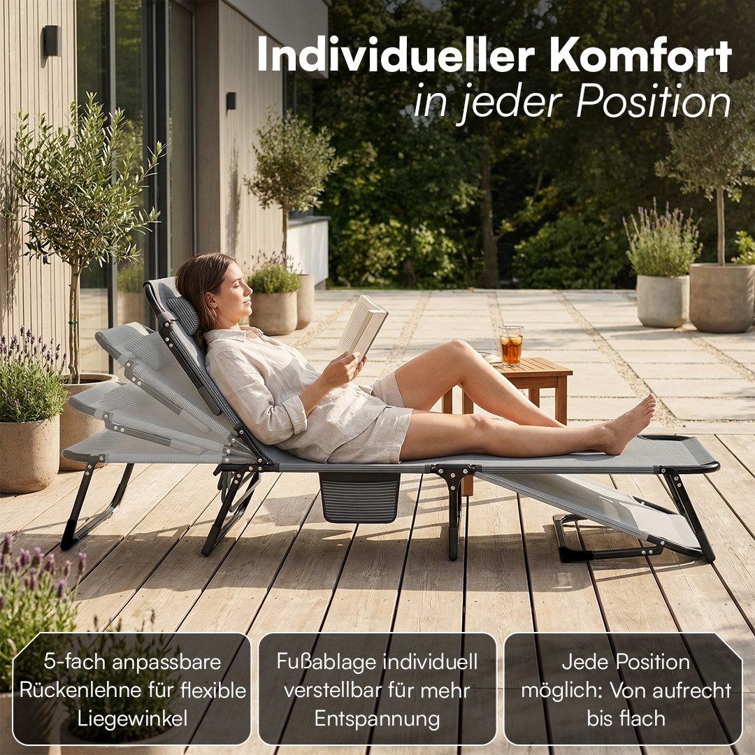 STEELSØN Gartenliege Nysaris klappbare Sonnenliege mit Polsterauflage, schwarz, Outdoor-Liegestuhl wetterfest, platzsparende Campingliege