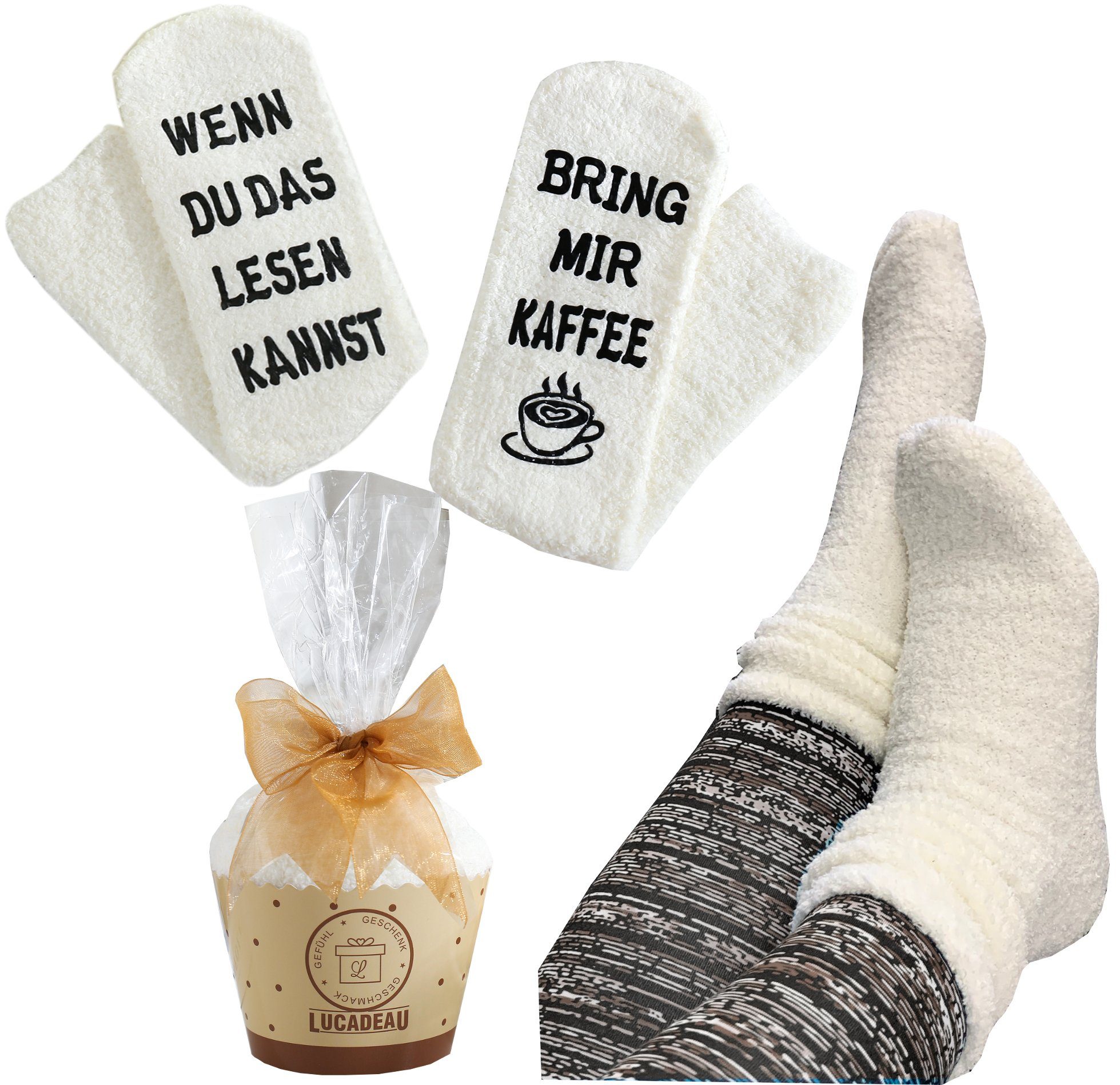 Lucadeau Kuschelsocken mit Spruch "bring mir Kaffee", Geschenk zum Geburtstag (Cupcake Verpackung, 1 Paar) rutschfest, Gr. 36-43, Geburtstagsgeschenk