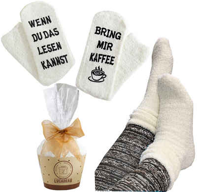 Lucadeau Kuschelsocken mit Spruch "Wenn du das lesen kannst, bring mir Kaffee" (Cupcake Verpackung, 1 Paar) rutschfest, Gr. 36-43, Geburtstagsgeschenk