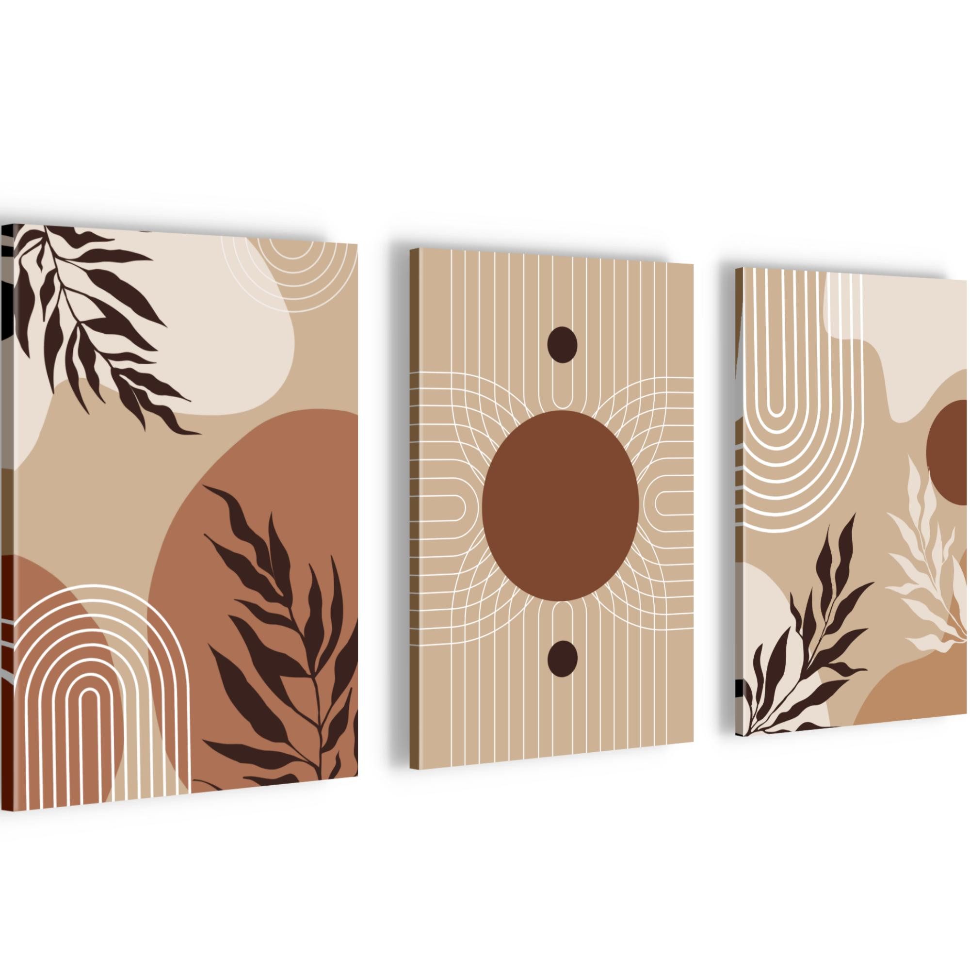 Novart Wandbild Abstrakt für Schlafzimmer Büro 3 Bilder Beige Blätter N041730b, 20 x 30 cm - 3 Bilder