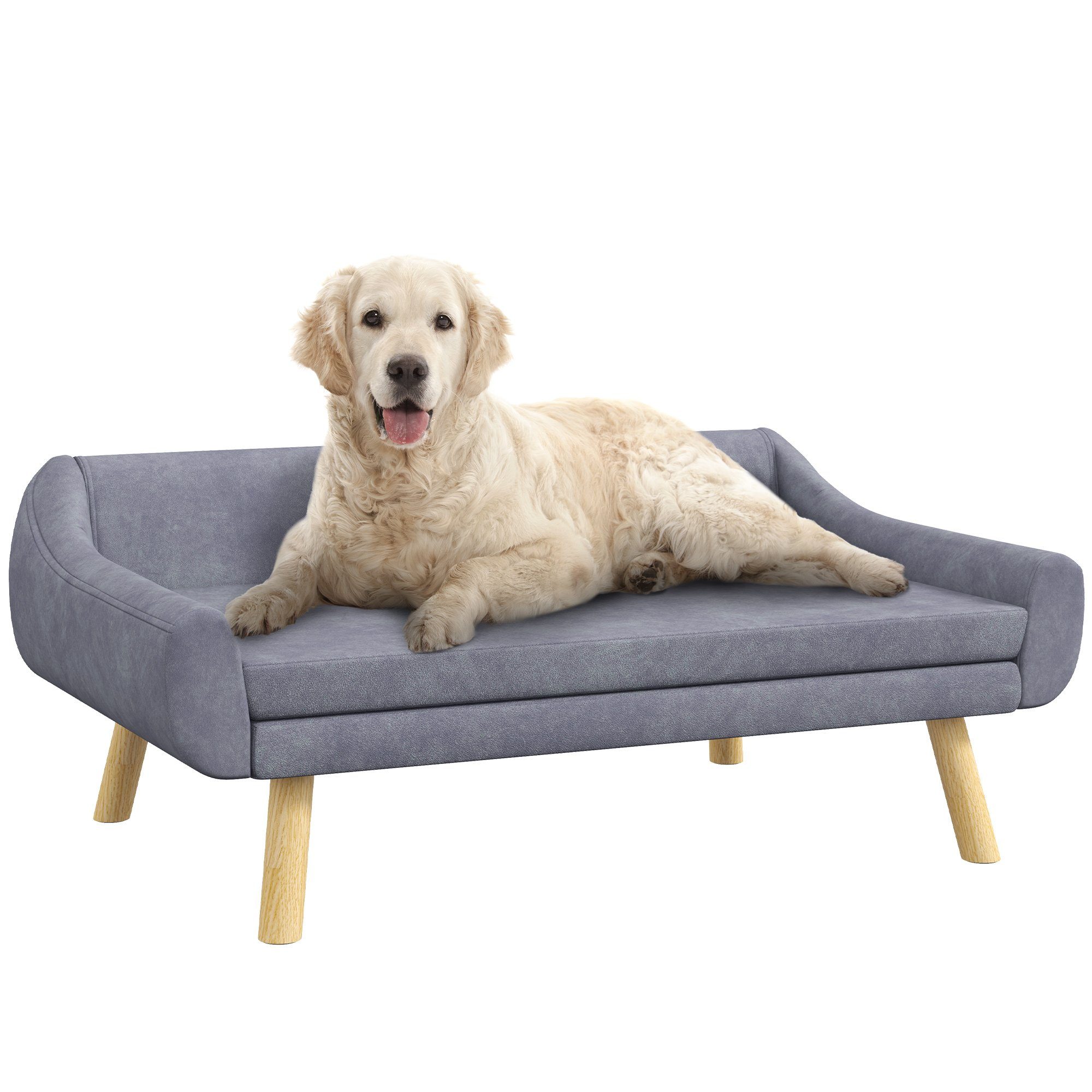 PawHut Tierbett Haustiersofa mit Holzbeine, Haustiercouch mit Kissen, Samt, Samt, Grau, 102 x 58,5 x 42,5 cm