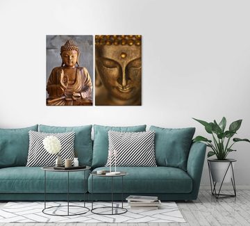 Sinus Art Leinwandbild 2 Bilder je 60x90cm Buddha Buddhakopf Bronze Statue Asien Meditation Stille Kraft