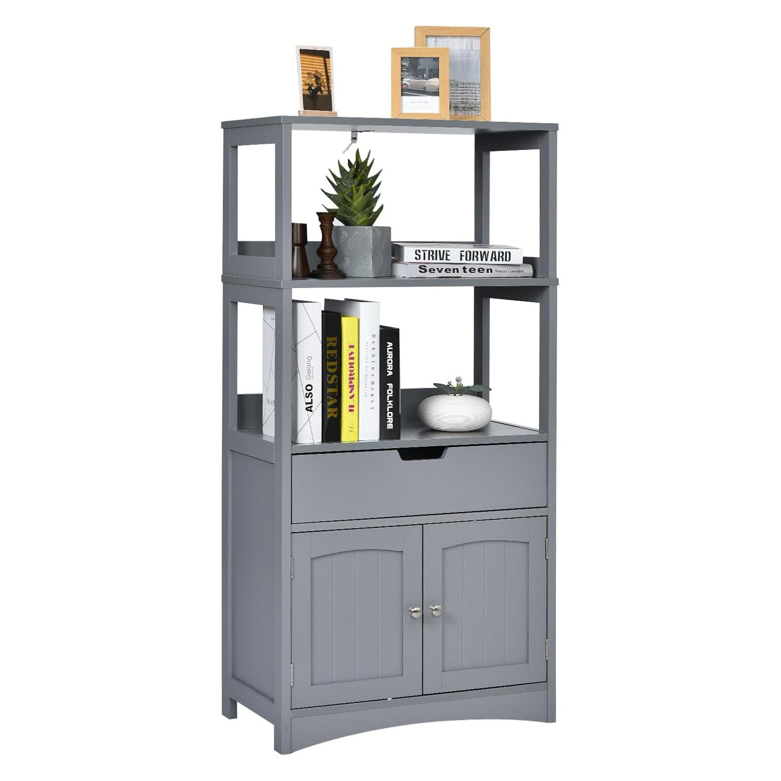 KOMFOTTEU Badregal Badregal Mehrzweckschrank, mit 2 Türen & 3 offenen Regalen & 1 Schublade