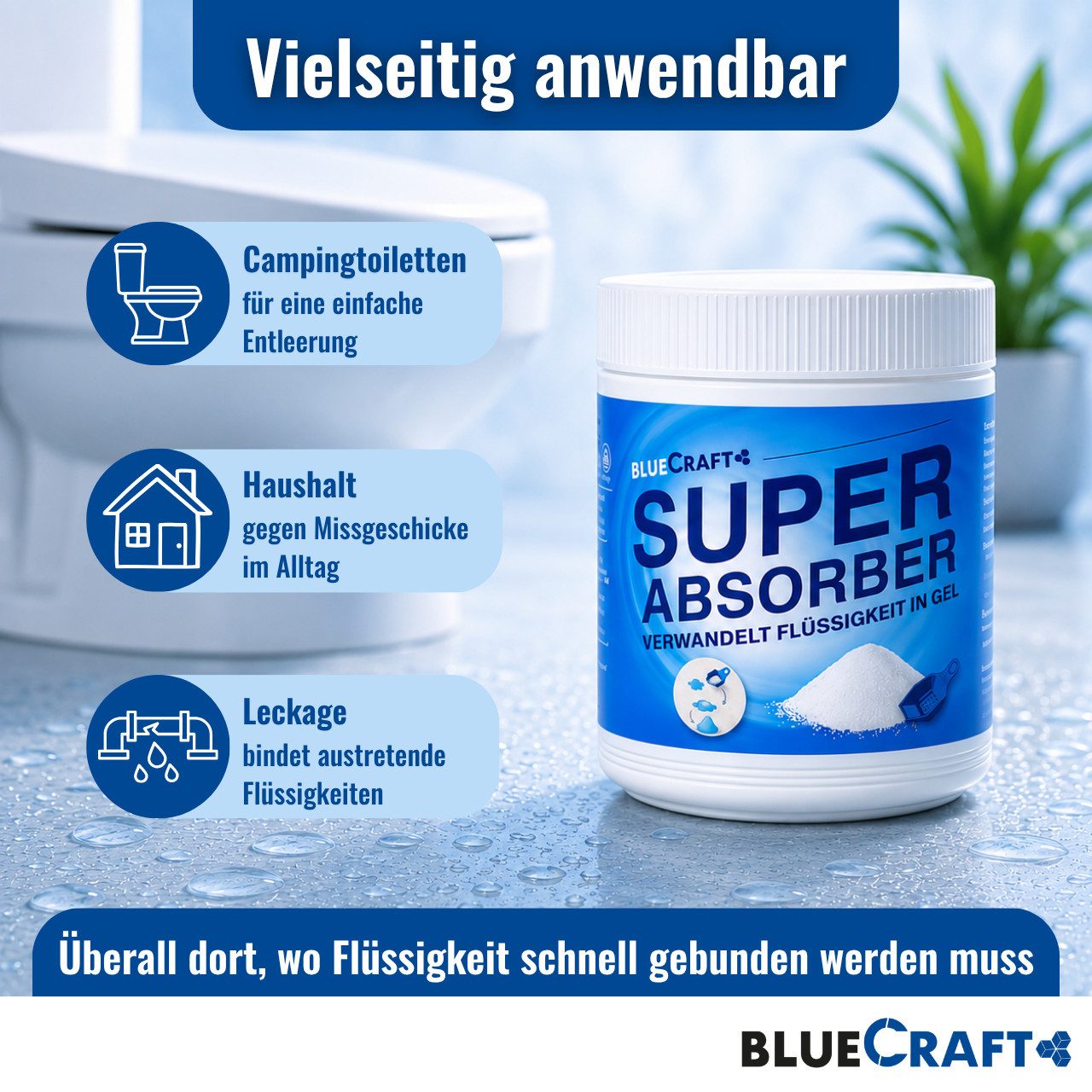 BlueCraft Campingtoilette Granulat Super Absorber 900g Bindemittel für Flüssigkeiten aller Art, (wie Wasser, Urin, Blut, Erbrochenes, Fäkalien, Öl uvm. Gelbinde – Bild 3 von 5