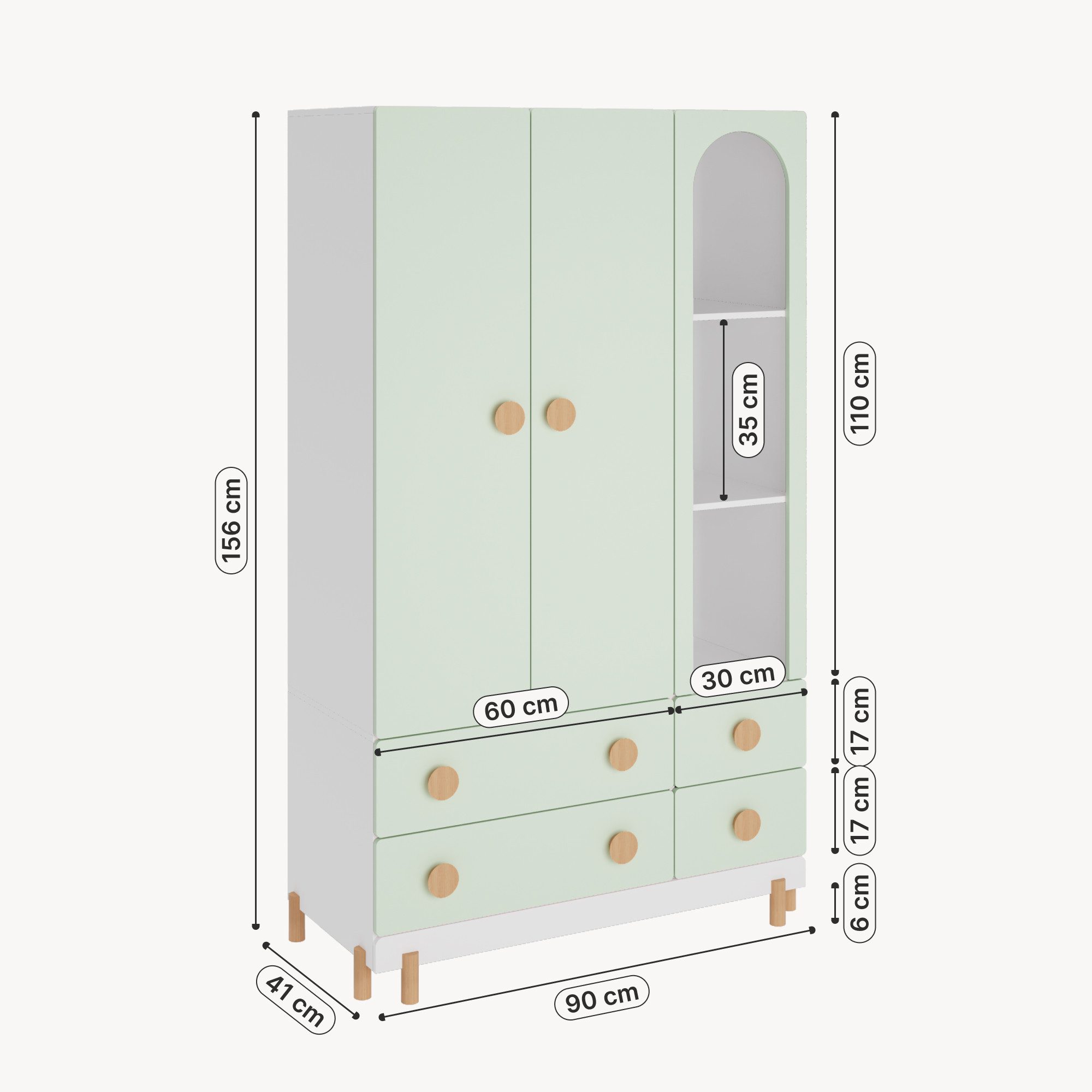 en.casa Kinderkleiderschrank »Vaarentaa« mit 4 Schubladen 156x90x41 cm Weiß/Mintgrün