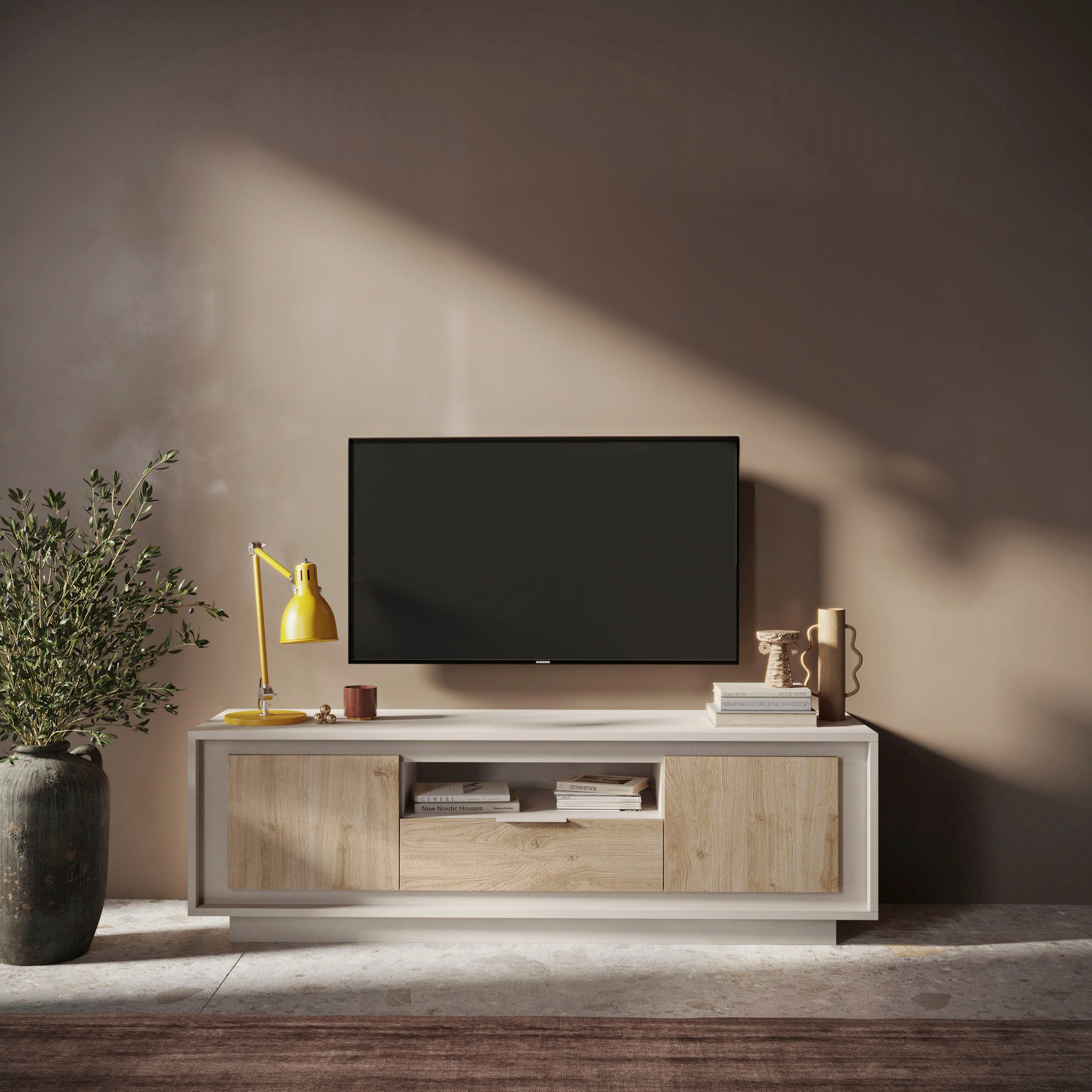 Home affaire Lowboard Sky, B/T 180/50 cm, TV-Schrank/Medienboard, 2 Türen, 1 Schubkasten, Softclosing, Korpus & Front 22 mm stark, Rahmen-Optik, Metallgriff