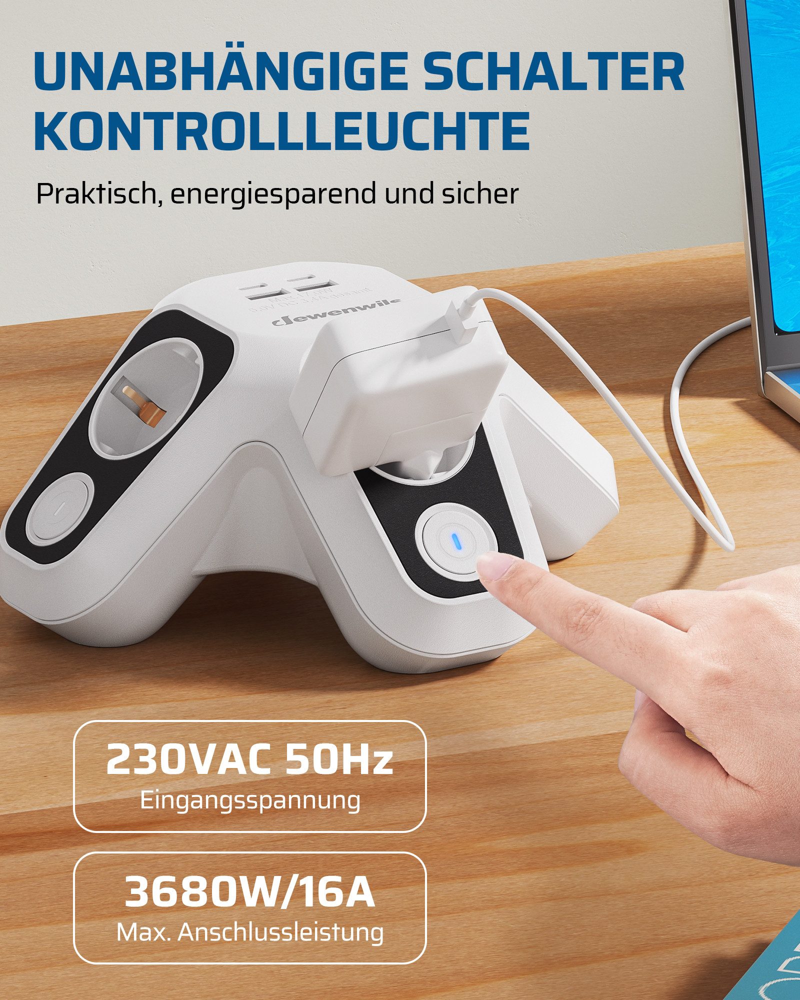 DEWENWILS Steckdosenleiste mit USB-C/A Mehrfachsteckdose 4-fach (einzeln schaltbar, Überspannungsschutz & Kindersicherung, Kabellänge 2 m), für Schreibtisch & Büro