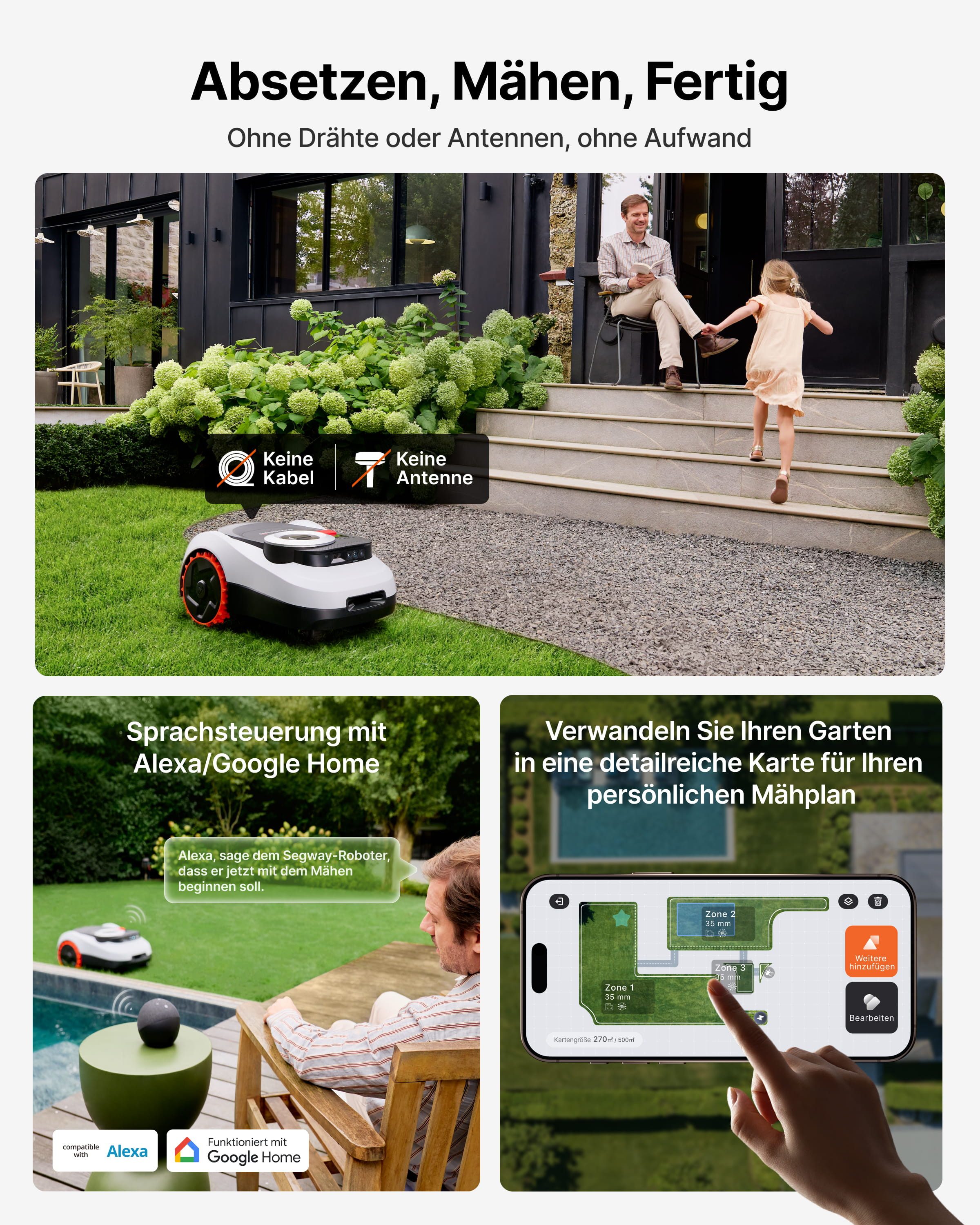 NAVIMOW Rasenmähroboter Segway i208/i215/i220 LiDAR Mähroboter ohne Begrenzungskabel, bis 800 m² Rasenfläche, (1-St., Geländereifen für Hänge bis 45 % Neigung, LiDAR und Vision Dual System), Automatisches Ein-Tipp-Kartieren, Ohne Drähte oder Antenne