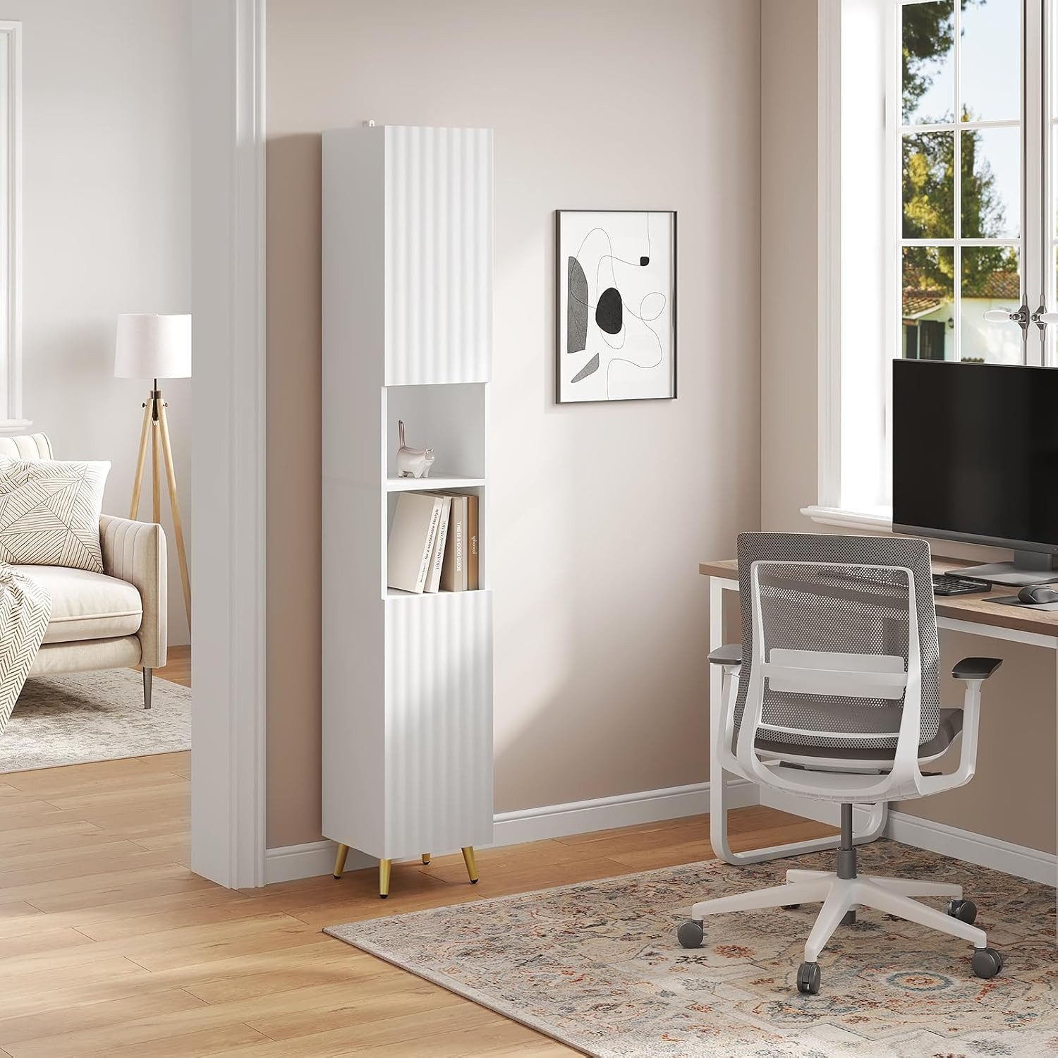 EUGAD Badkommode (1 St), Hochschrank, mit 2 Türen, 2 offenen Fächern, weiß