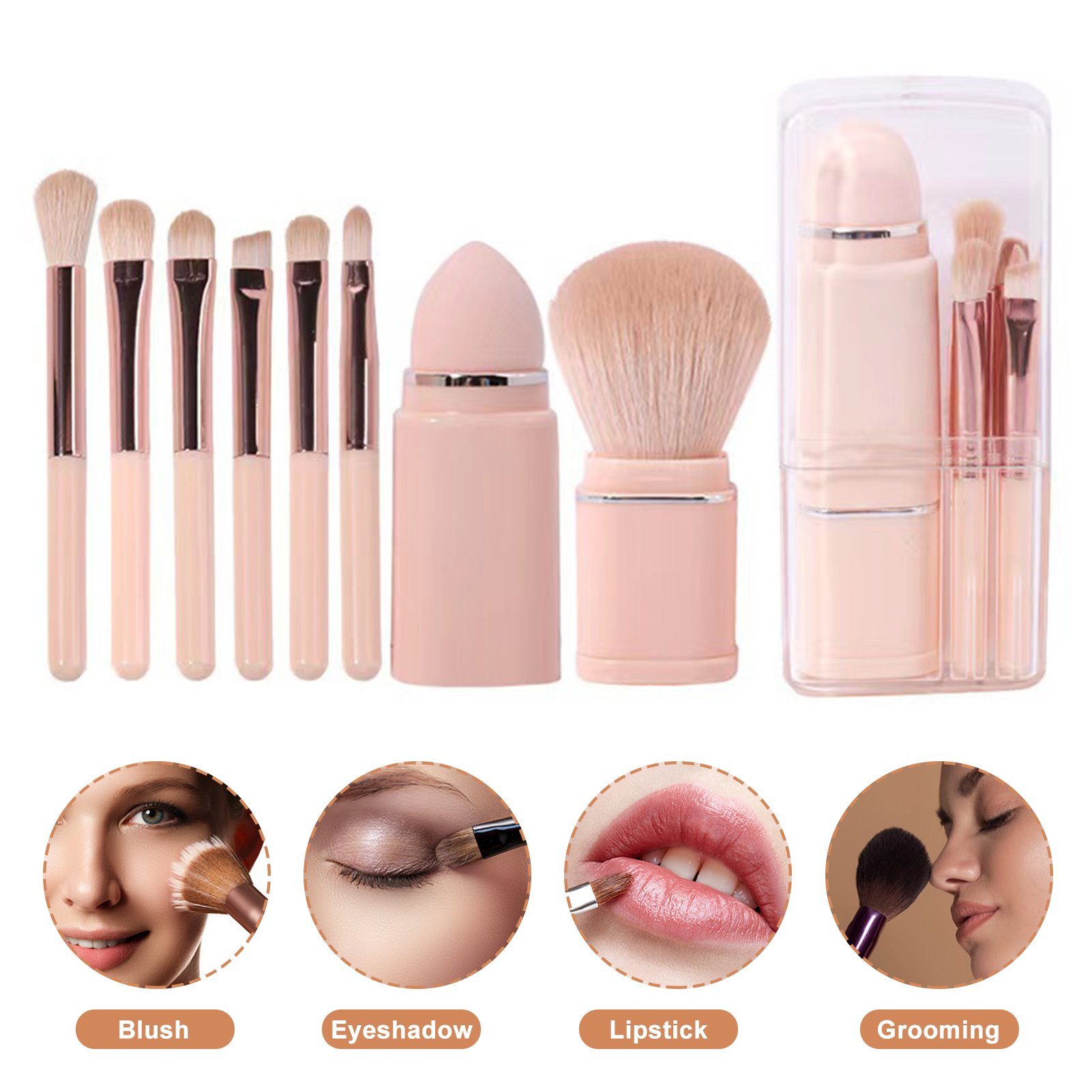 8 Tragbar Gesichts Kosmetikpinsel Etui In multifunktionale Make-Up-Pinsel-Set Pinsel, tragbarem Hell-Pink Mini Highlight/Lidschattenpinsel,Foundation-Mischpinsel, mit Rutaqian Augen-Make-Up-Set 1 Lippenpinsel, Einziehbares