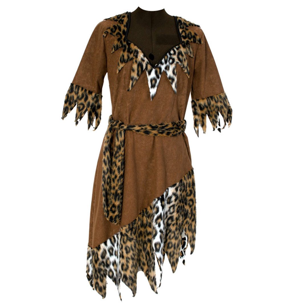 Fries Kostüm Damen Steinzeitfrau Steinzeit Kleid mit Gürtel Karneval Fasching