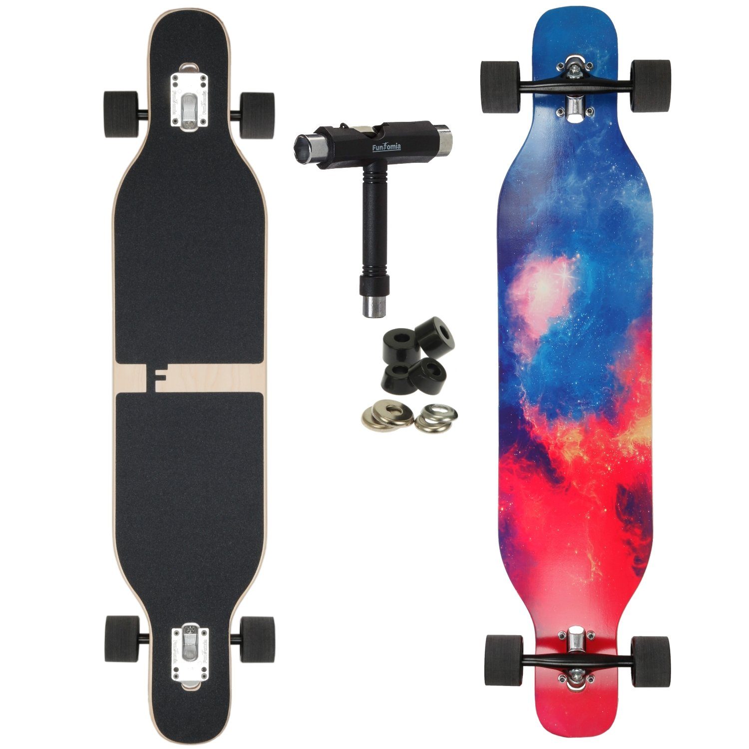 Longboard Longboard in 3 Flex Stufen Camber Ahornholz + T-Tool mit LED Rollen
