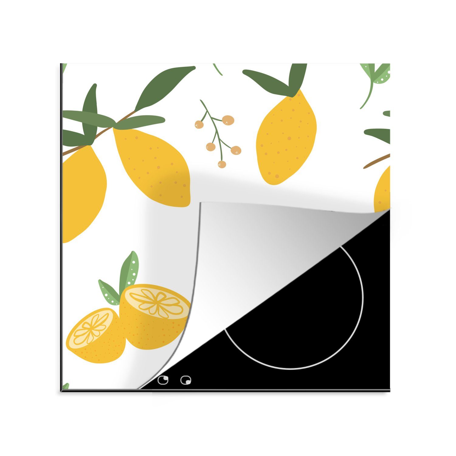 MuchoWow Herdblende-/Abdeckplatte Zitrone - Obst - Muster - Weiß, Vinyl, (1 tlg), 78x78 cm, Ceranfeldabdeckung, Arbeitsplatte für küche