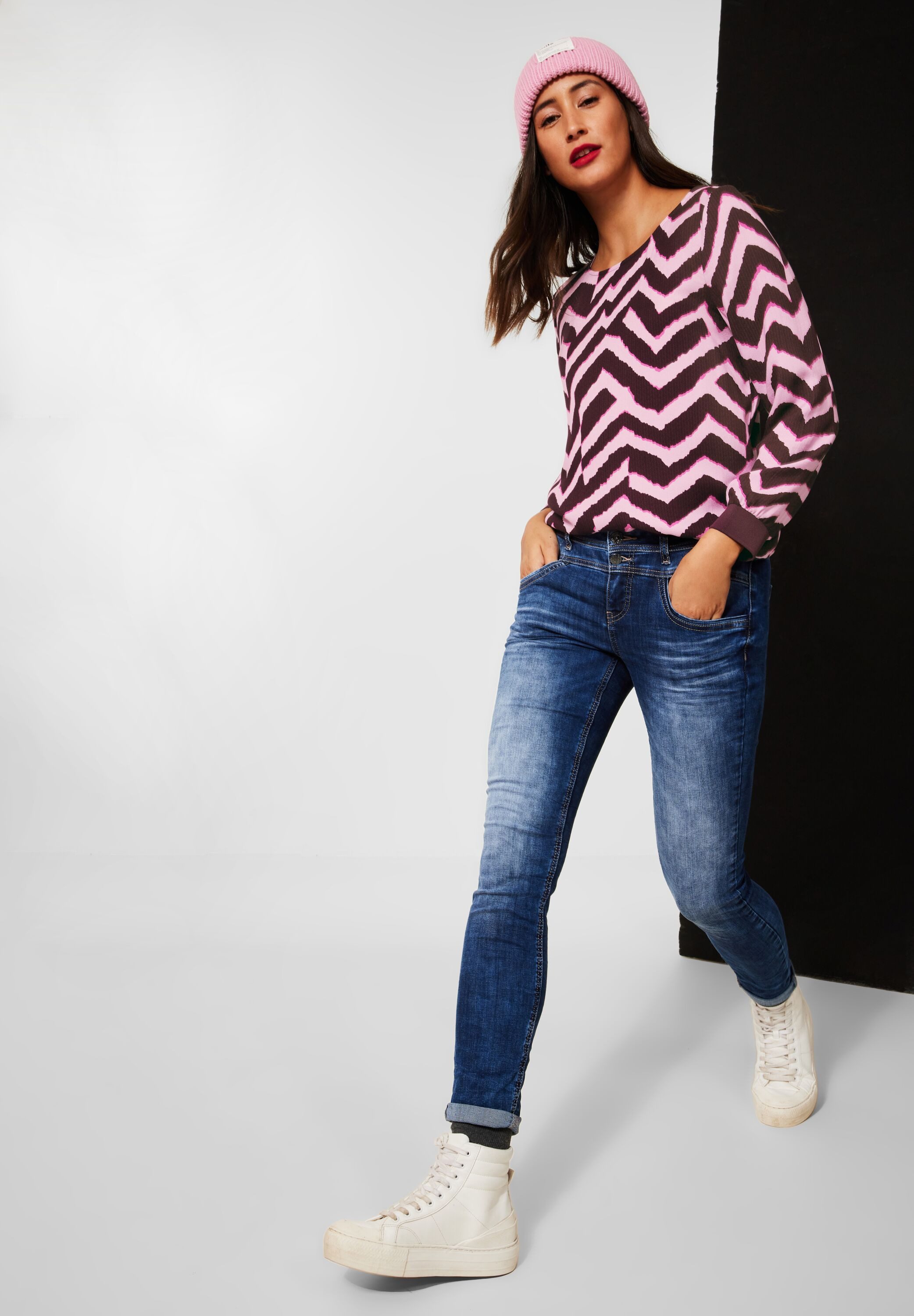 Langarmbluse Bluse mit Zick Zack Muster