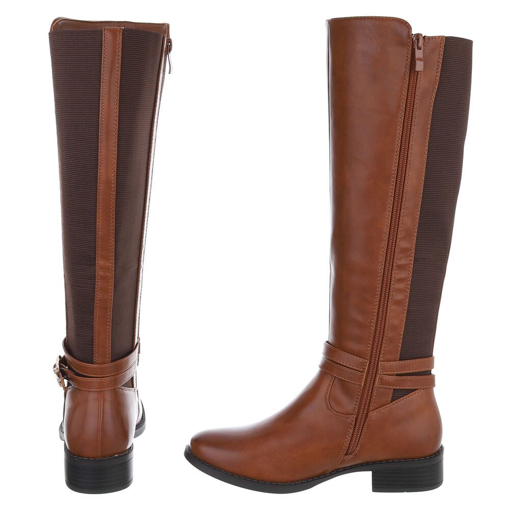Ital-Design Elegante Stiefel für Damen mit hoher Passform und Schnalle Stiefel (90169474) Blockabsatz Flache Stiefel in Camel