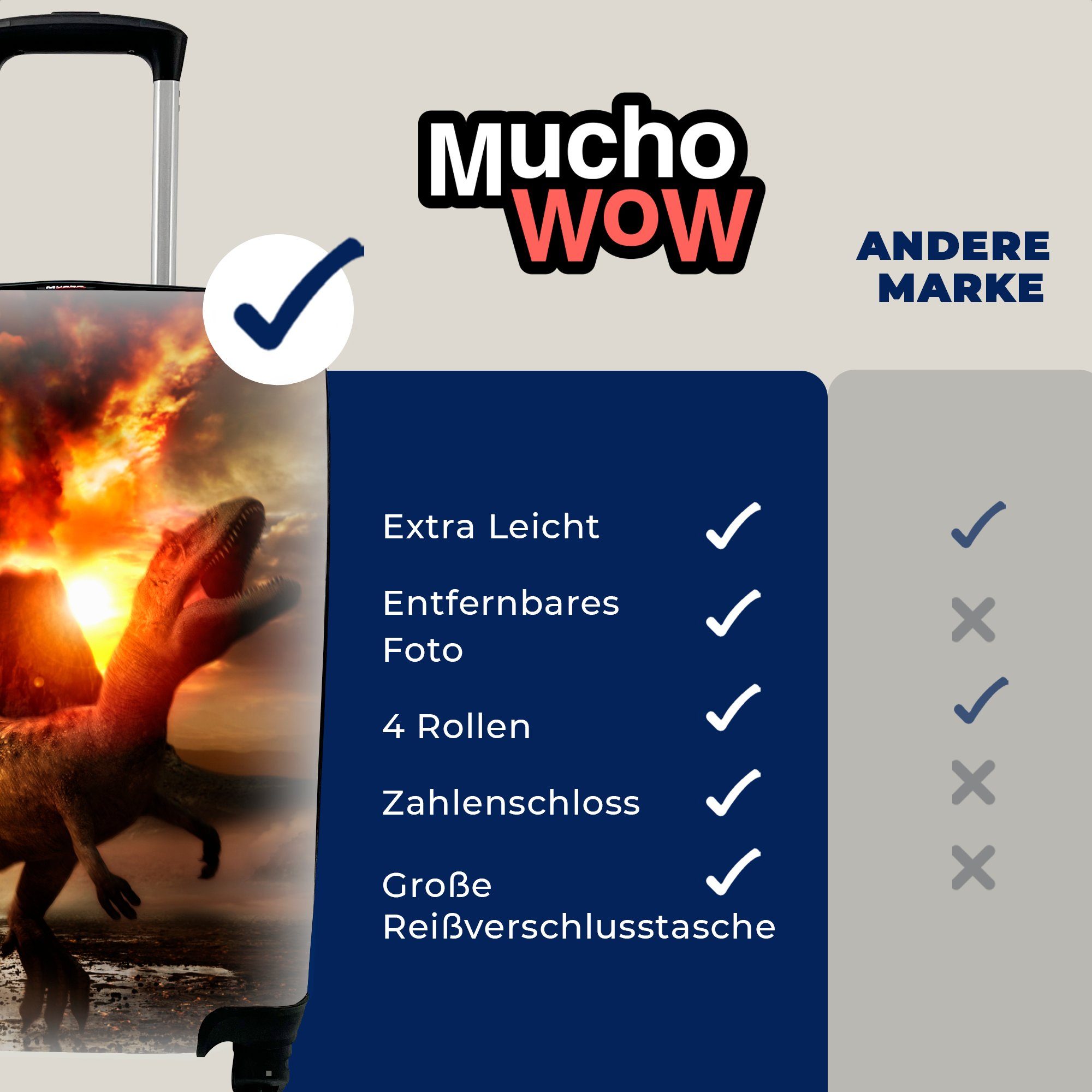 MuchoWow Handgepäckkoffer Dinosaurier - Handgepäck Trolley, mit Ferien, für Reisekoffer Feuer, 4 Reisetasche Rollen, - Vulkan rollen
