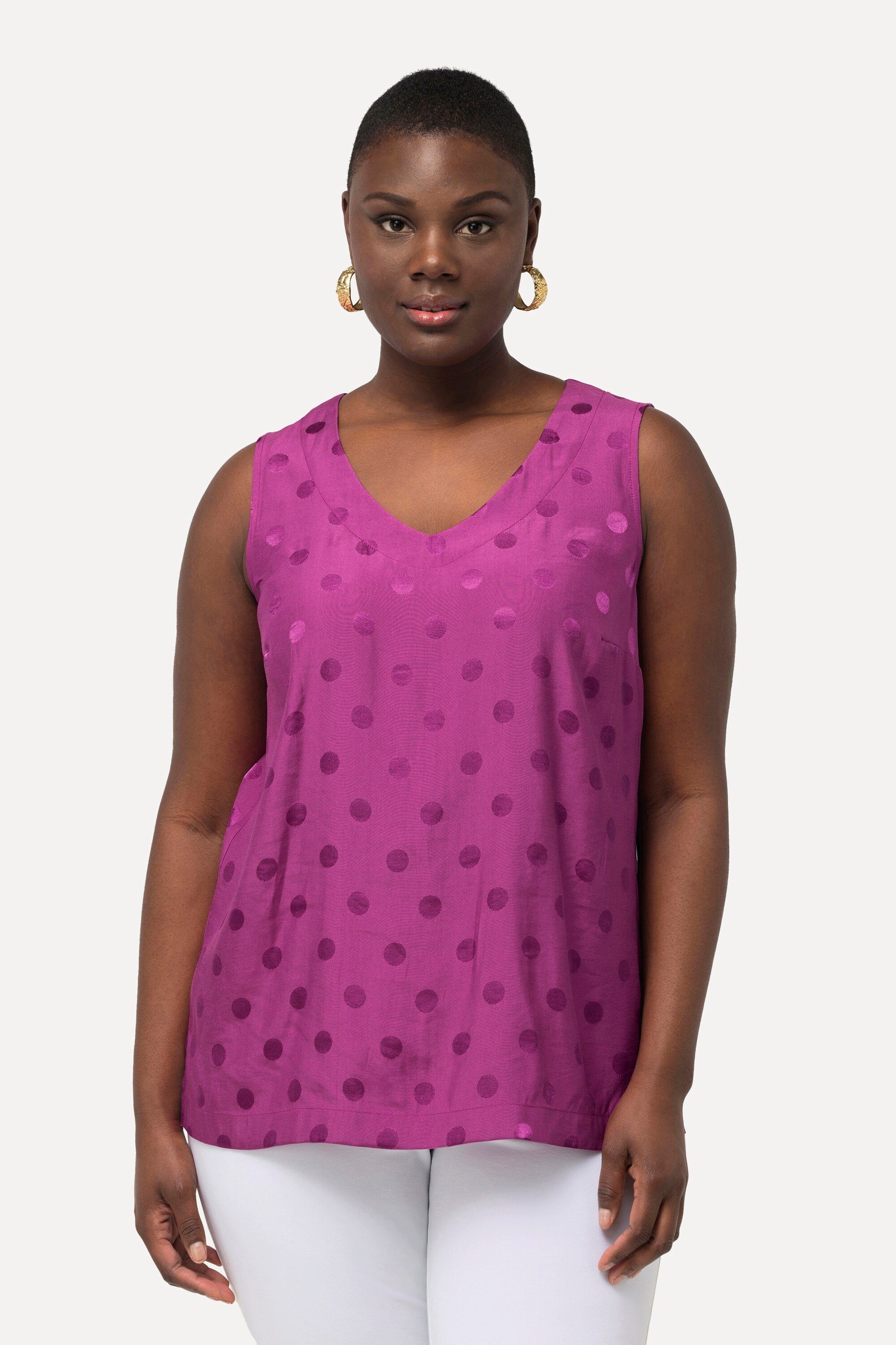Spitzenbluse Blusentop Jacquard-Punkte V-Ausschnitt ärmellos