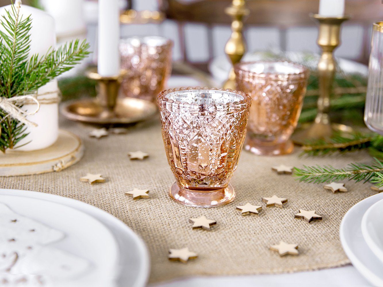 partydeco Kerzenhalter, Teelichtgläser Kelch geprägte Ornamenten 7x8cm rosegold 4er Set