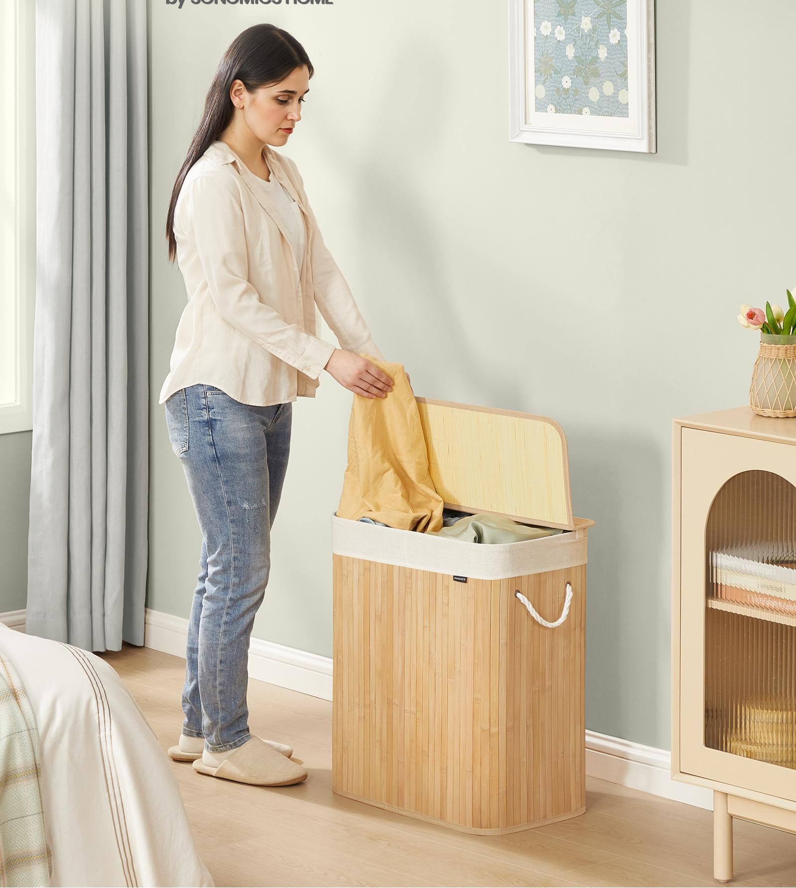 SONGMICS Wäschekorb, aus Bambus, mit 2 günstig online kaufen