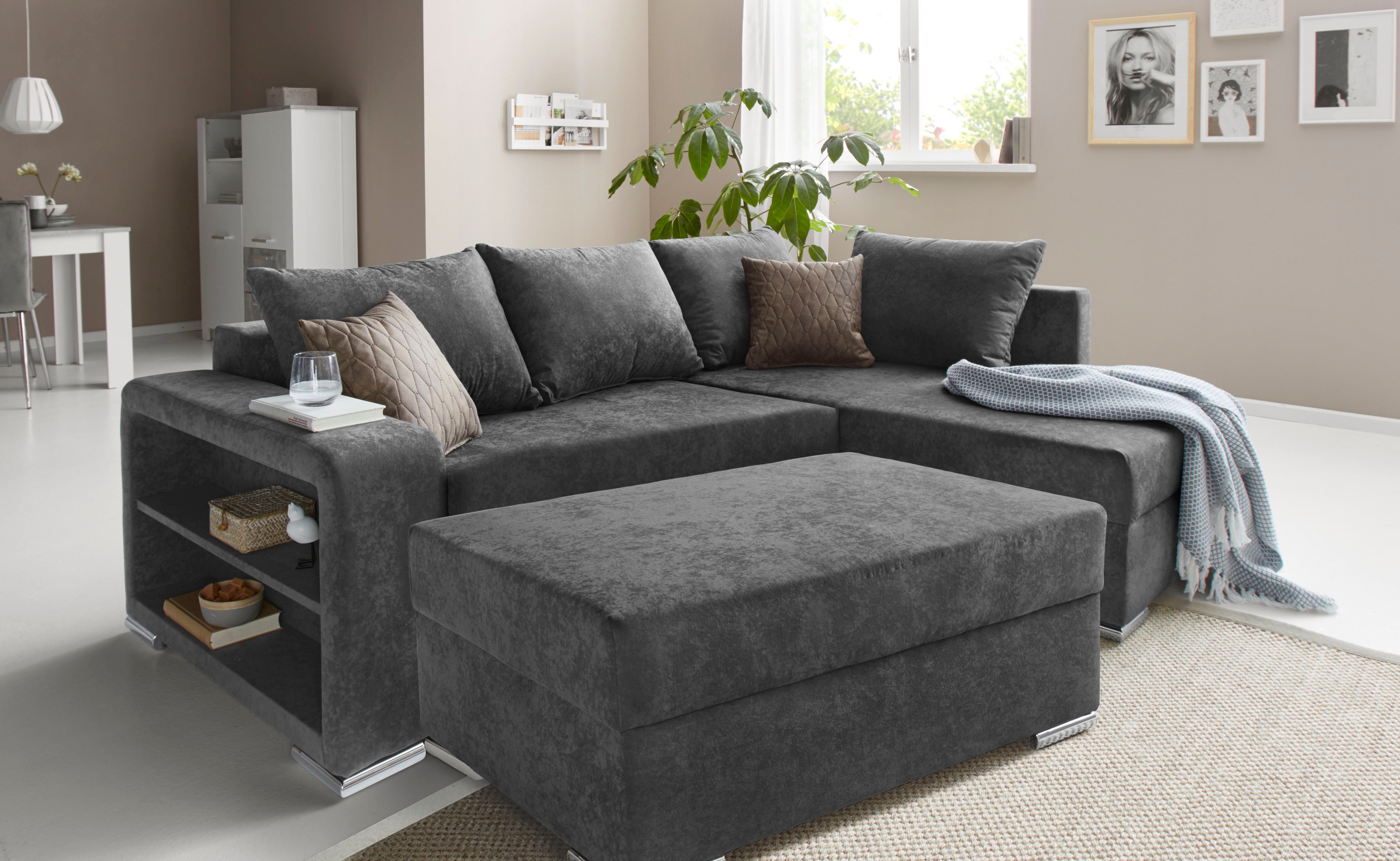COLLECTION AB Ecksofa John L-Form, B: 226 cm, Schlaffunktion, Bettkasten, Regalelement & 2 Zierkissen, Federkern