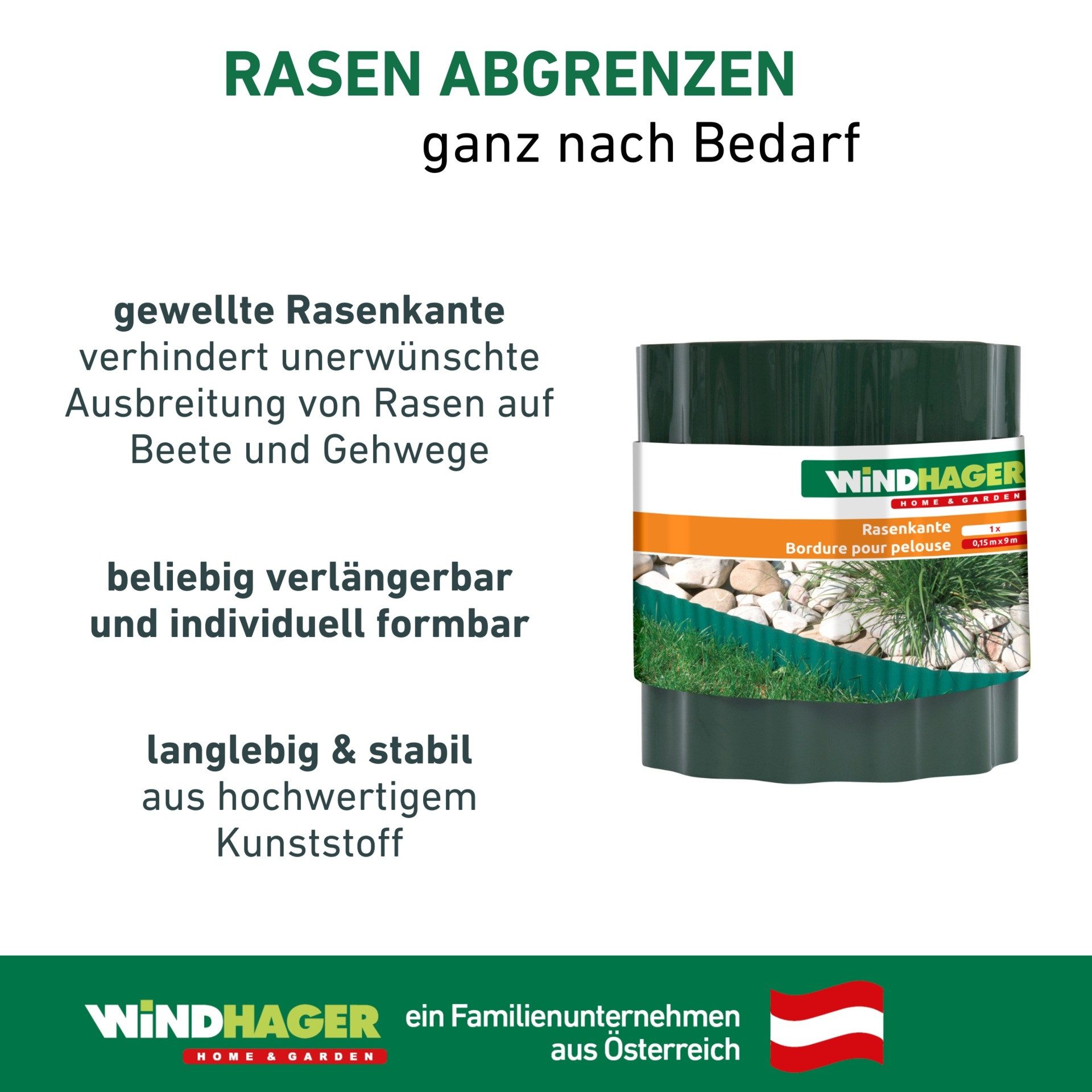 Windhager Rasenkante zur Einfassung von Rasenflächen, grün, robuste Beeteinfassung, erhältlich in 15 cm x 9 m oder 20 cm x 9 m