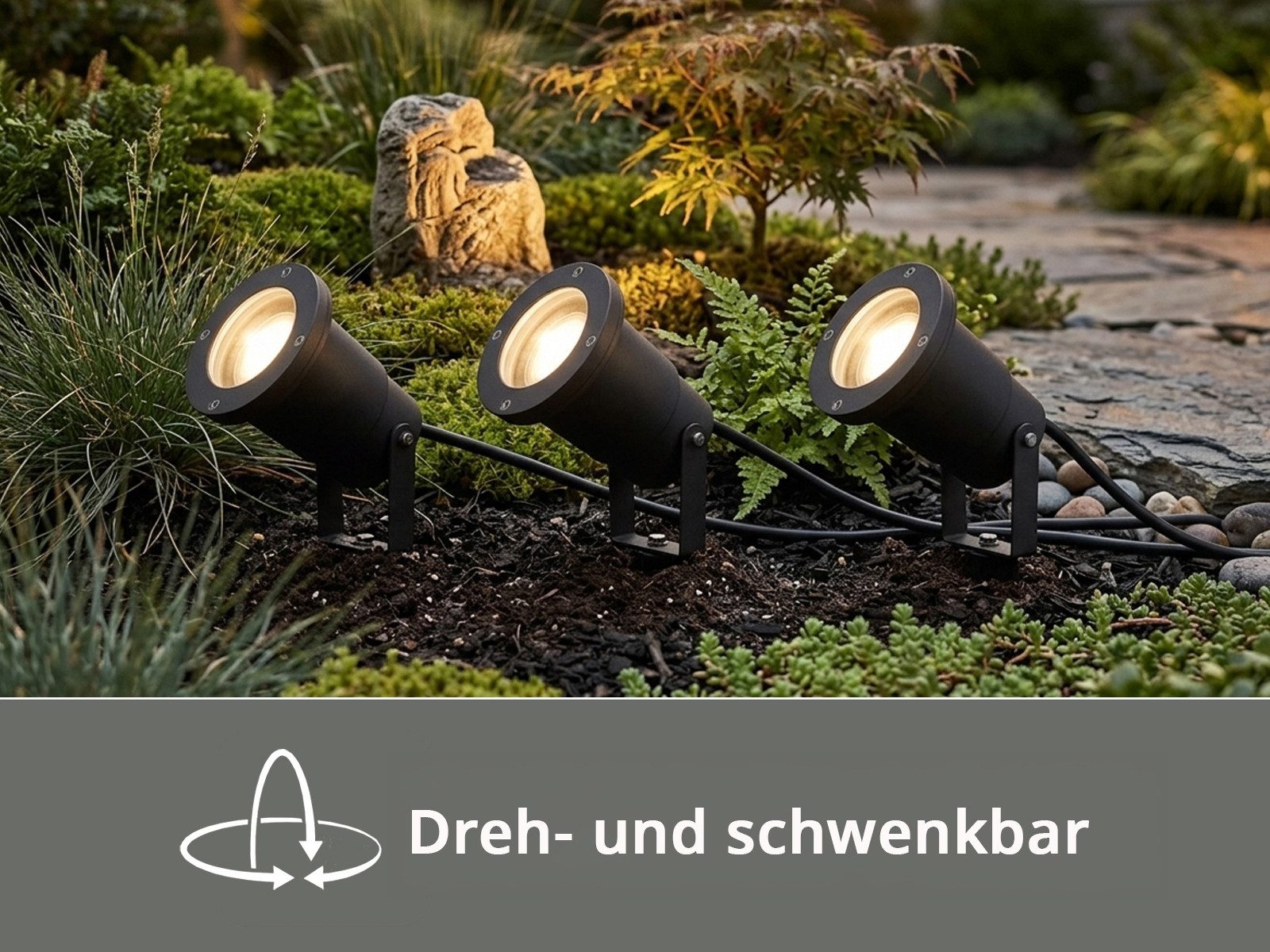TRIO Leuchten LED Gartenstrahler 3er SET mit Erdspieß, Kabel & Stecker, LED wechselbar, Warmweiß, Außen Baum-Strahler, Beetlampe zur Garten-Beleuchtung & Wegbel – Bild 5 von 5