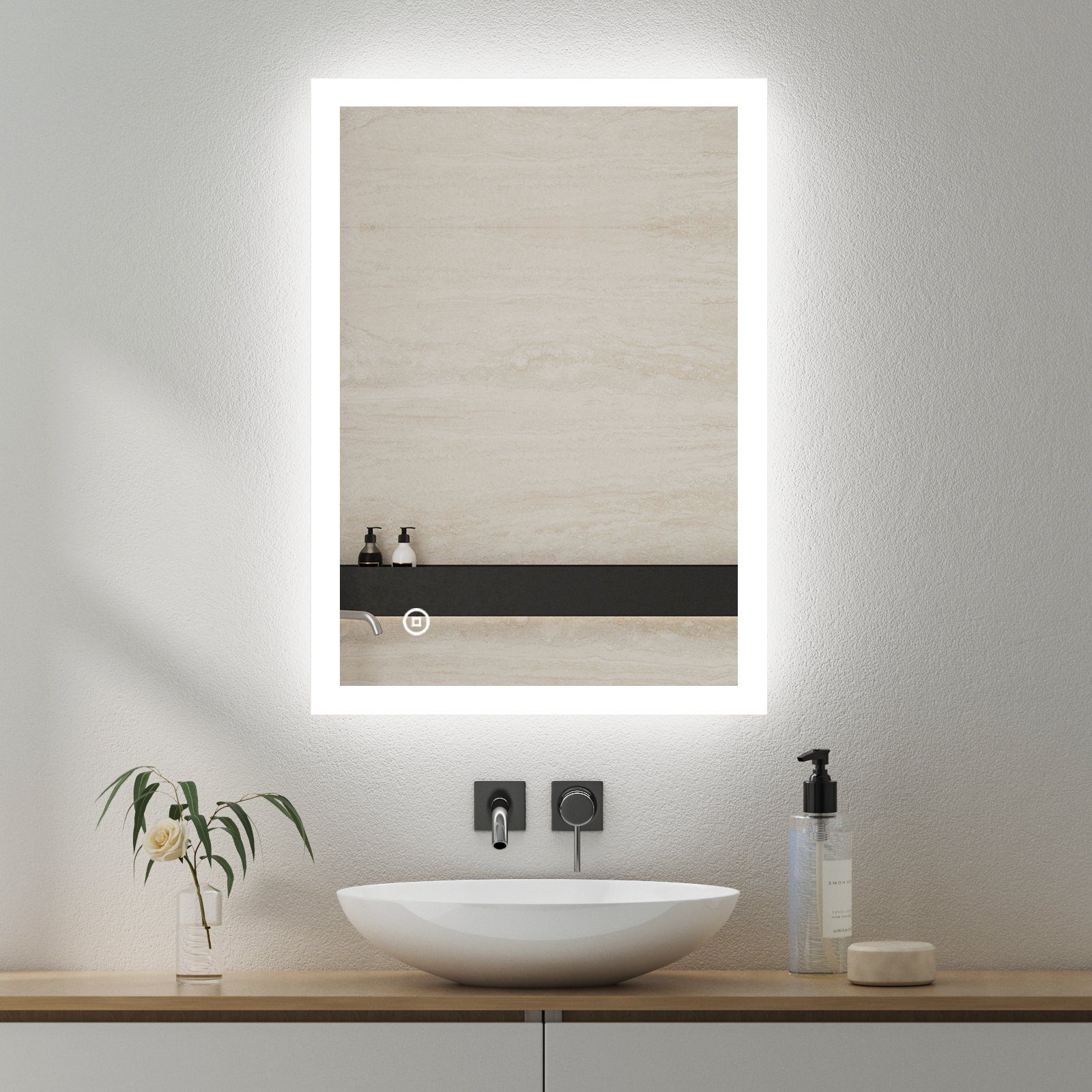 GOEZES Badspiegel Led Badspiegel 50 x 70 cm mit wandschalter Touch  Speicherfunktion (Wandspiegel, Badezimmerspiegel mit Beleuchtung,  Lichtspiegel, Spiegel Bad Led, 3-Lichtfarben, Helligkeit einstellbar),  energiesparender,IP44