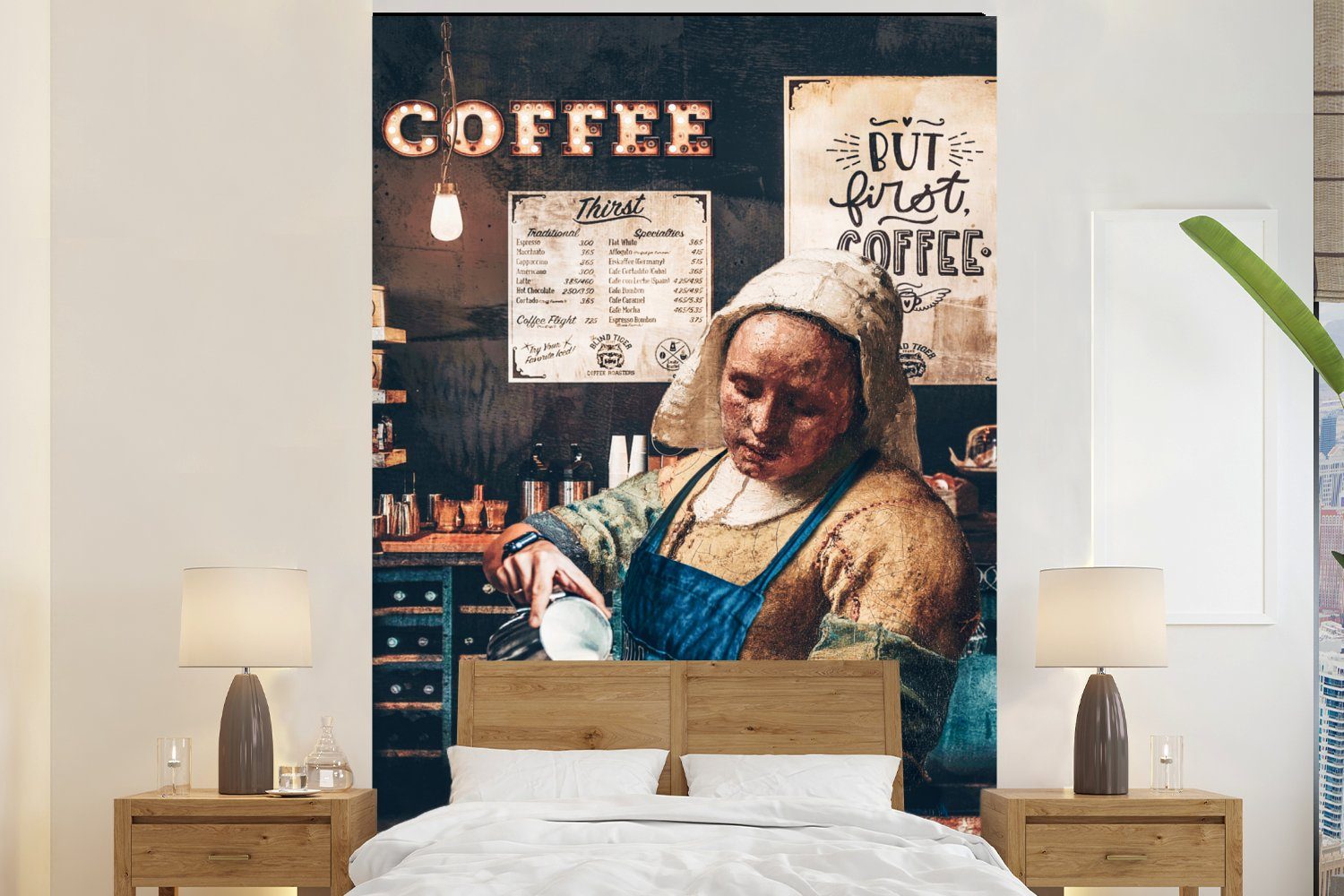 MuchoWow Fototapete Kaffee - Milchmädchen - Barista - Vermeer - Kunst - Cappuccino - Aber, Matt, bedruckt, (3 St), Montagefertig Vinyl Tapete für Wohnzimmer, Wandtapete