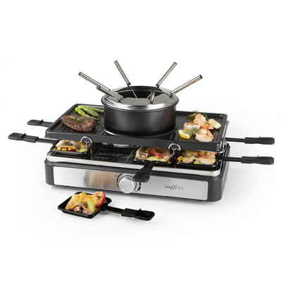 MAXXMEE Raclette und Fondue-Set Antihaft Platte 6 Gabeln & 8 Pfännchen fettarm 44x27cm