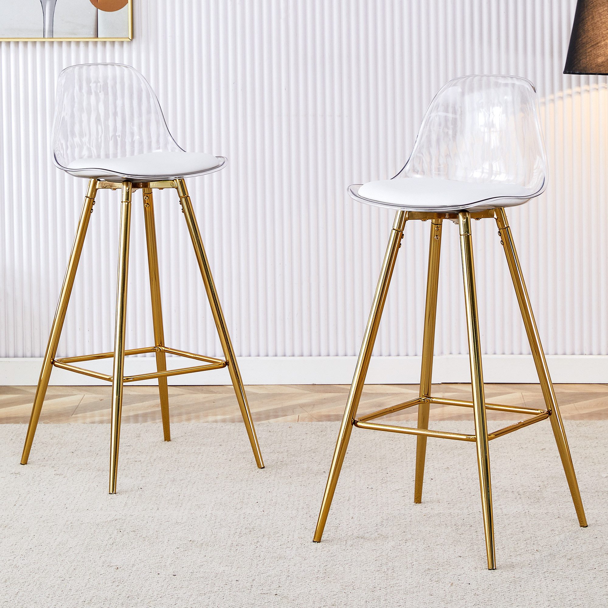 JUFU Barhocker mit transparenter Kunststofflehne, gepolstertem Sitz & Metallgestell (2 St), Modernes Design für Küche & Essbereich, in Gold oder Silber