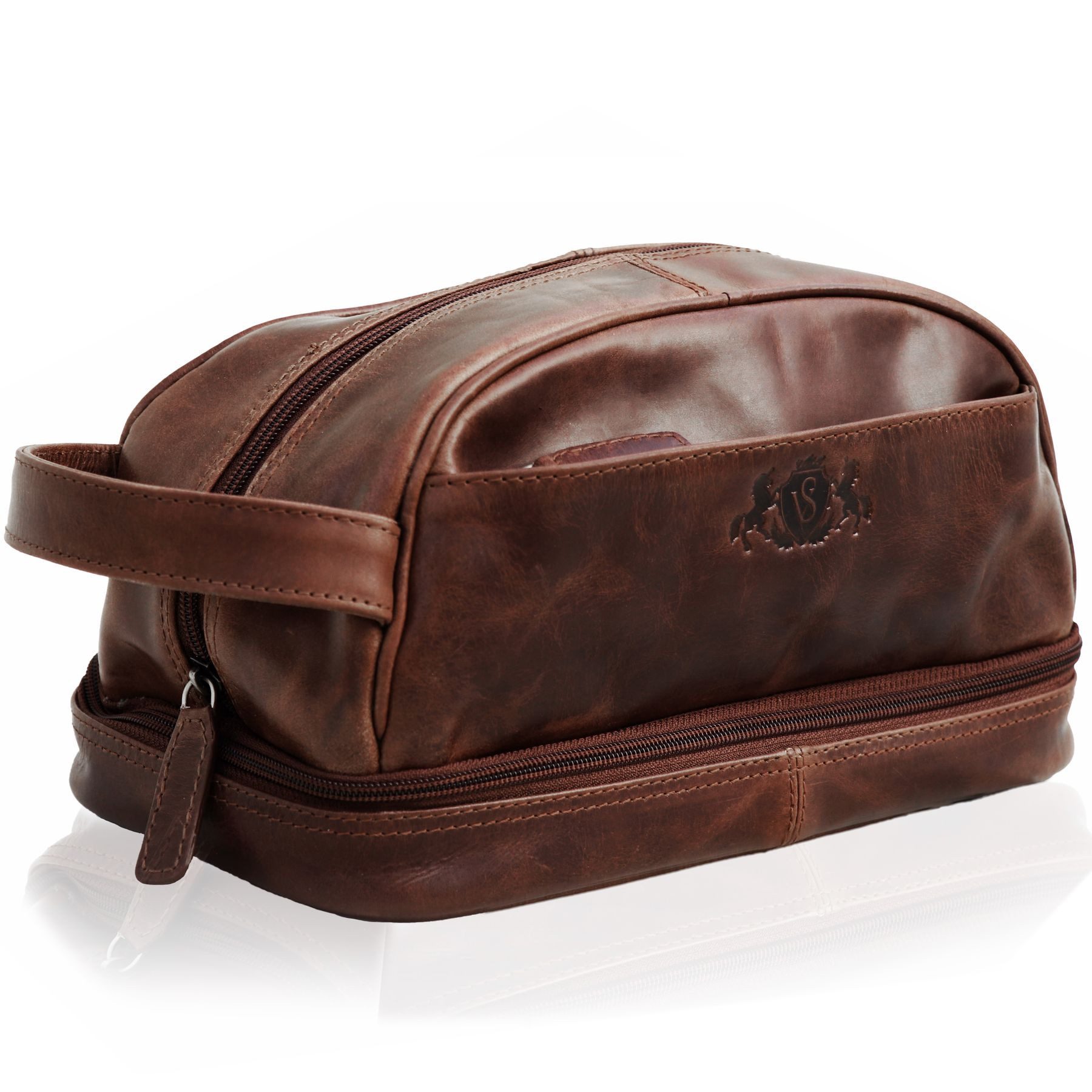 SID & VAIN Kulturbeutel echt Leder Kulturtasche groß Ledertasche braun ALEX, Waschbeutel Echtleder für Herren, Kosmetiktasche braun-cognac