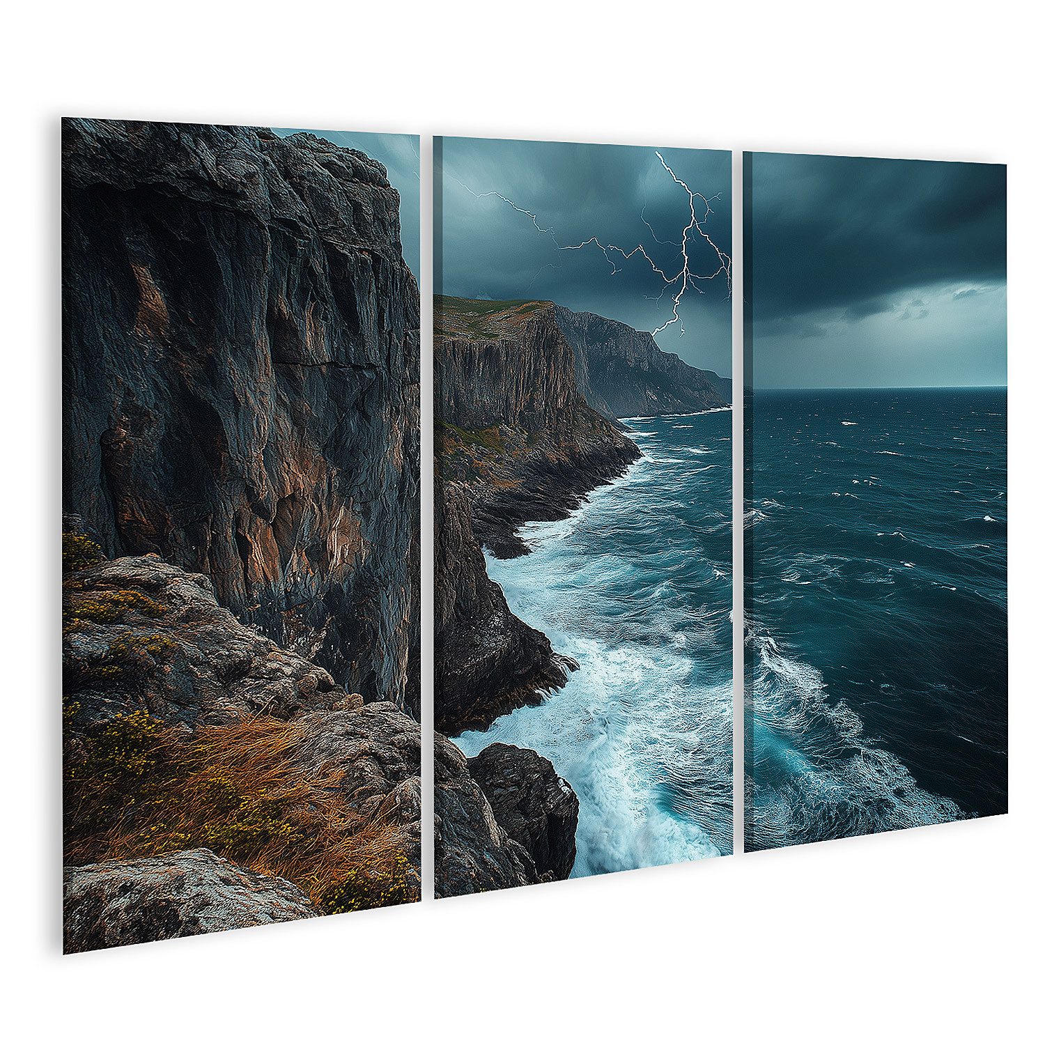 Leinwandbild Stürmische Klippen und Meer mit Blitz
