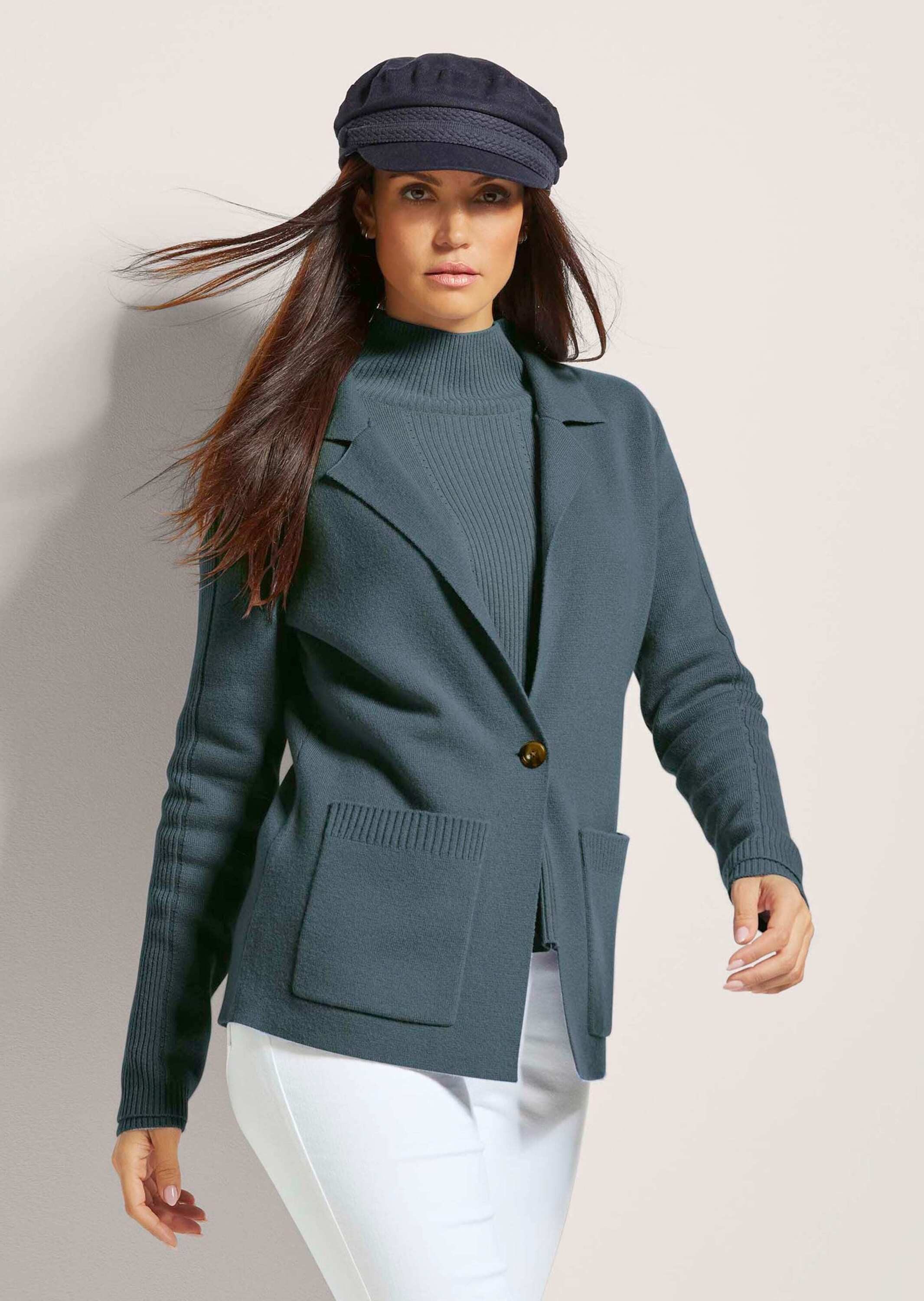 MADELEINE Strickjacke Strickjacke aus Merinowolle und Kaschmir Blazer mit Reverskragen, Pointelle-Muster, 1-Knopf-Verschluss