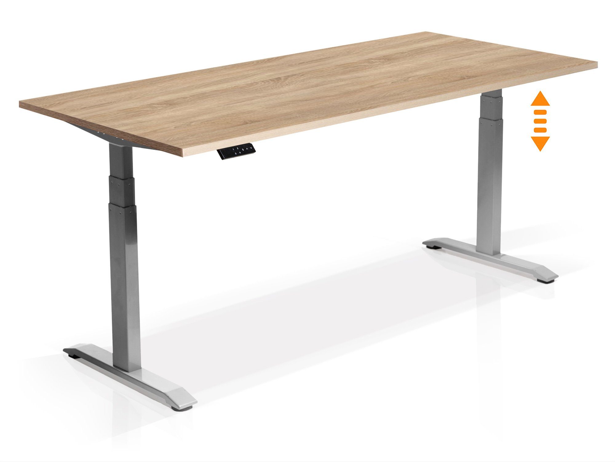 Moebel-Eins Schreibtisch, OFFICE ONE elektrisch höhenverstellbarer Schreibtisch / Stehtisch, Material Dekorspanplatte grau | Eiche sonomafarbig