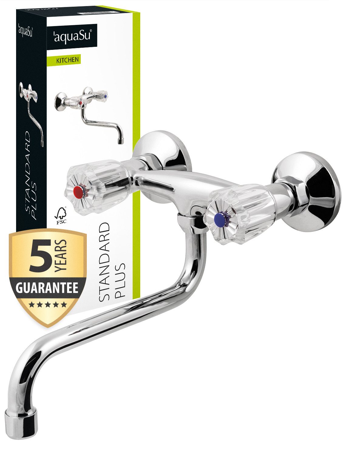 aquaSu Spültischarmatur Standard Plus Wand-Zweigriffmischer, S-Auslauf, schwenkbar, Retro, Chrom