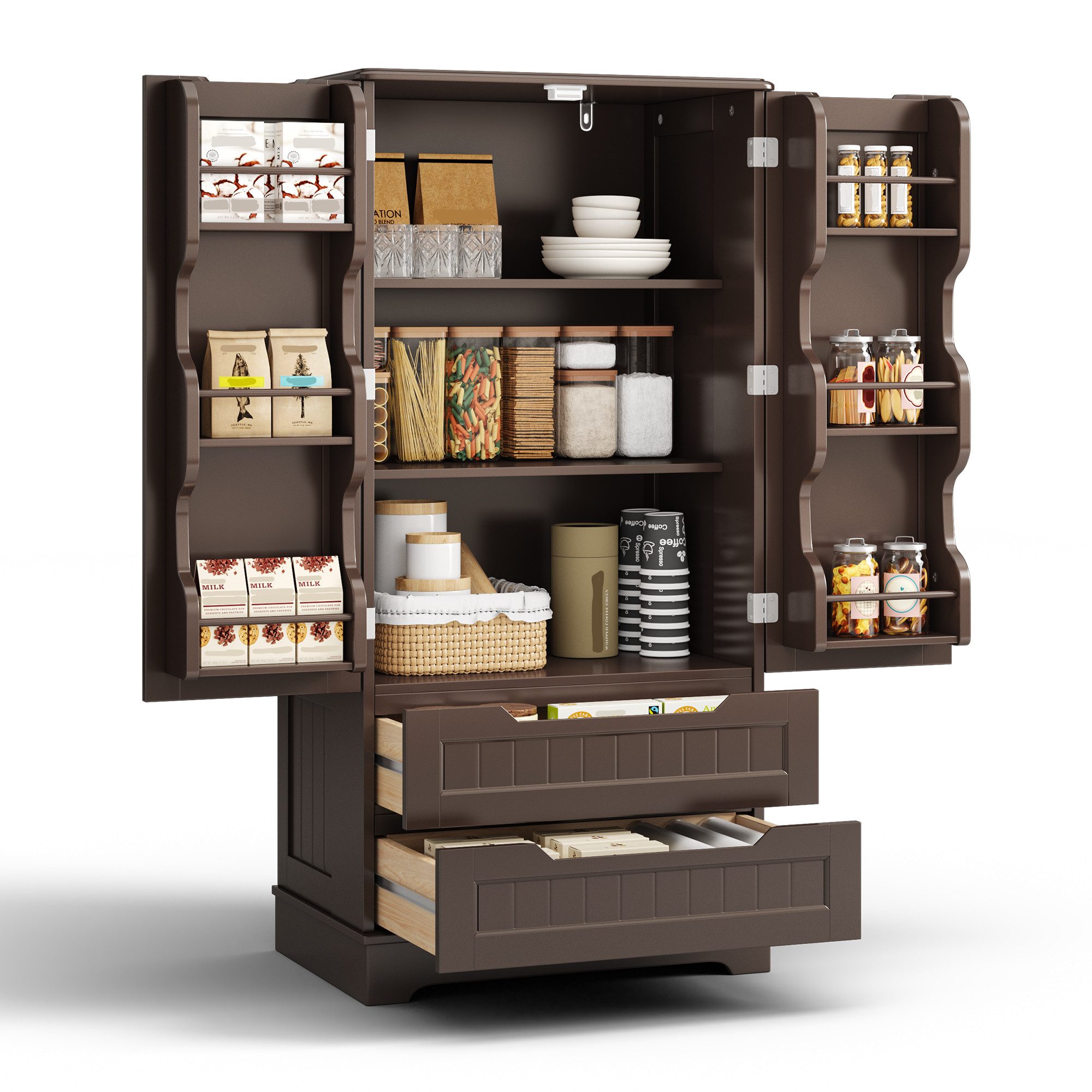 Bealife Sideboard hoher Küchenschrank mit 2 Schubladen und 2 Türen, Vorratschrank, Weiß