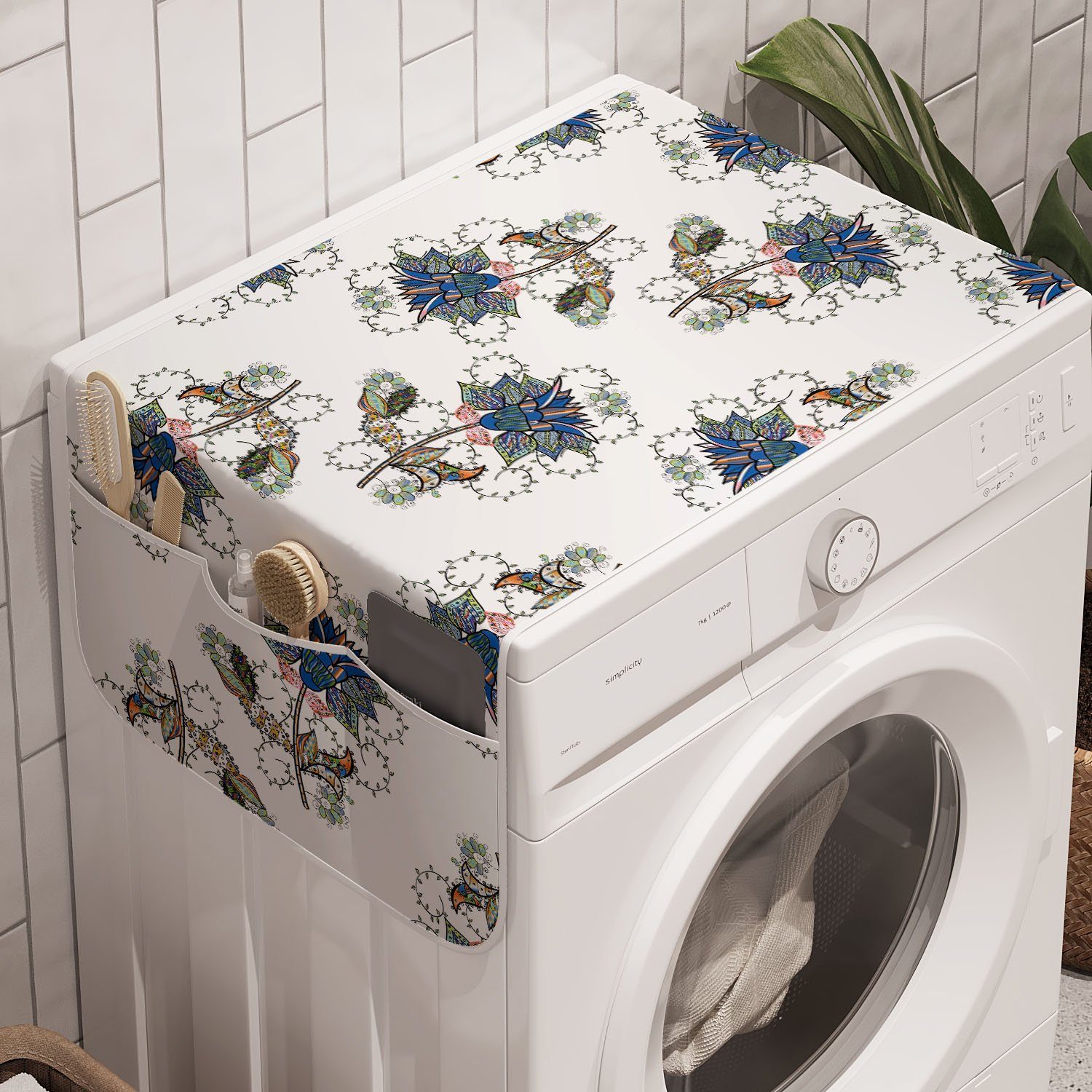 Abakuhaus Badorganizer Anti-Rutsch-Stoffabdeckung für Waschmaschine und Trockner, Blumen Doodle Blumen und Zweige