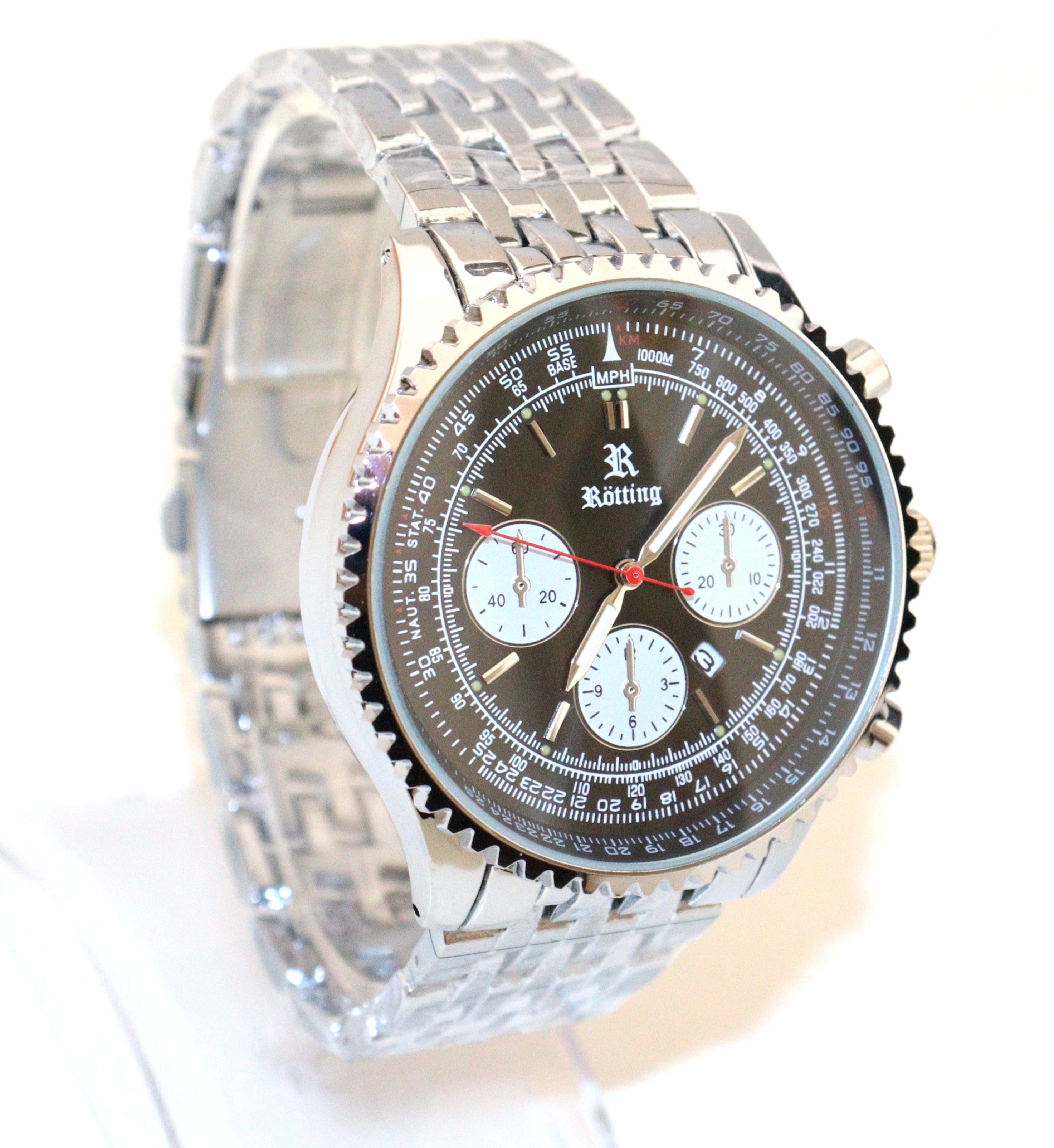 Rötting Design Quarzuhr Herrenuhr Quarz schwarzes Ziffernblatt in Flieger-Look Design DATUM, Handgelenkumfang wählbar zwischen 18 und 22 cm