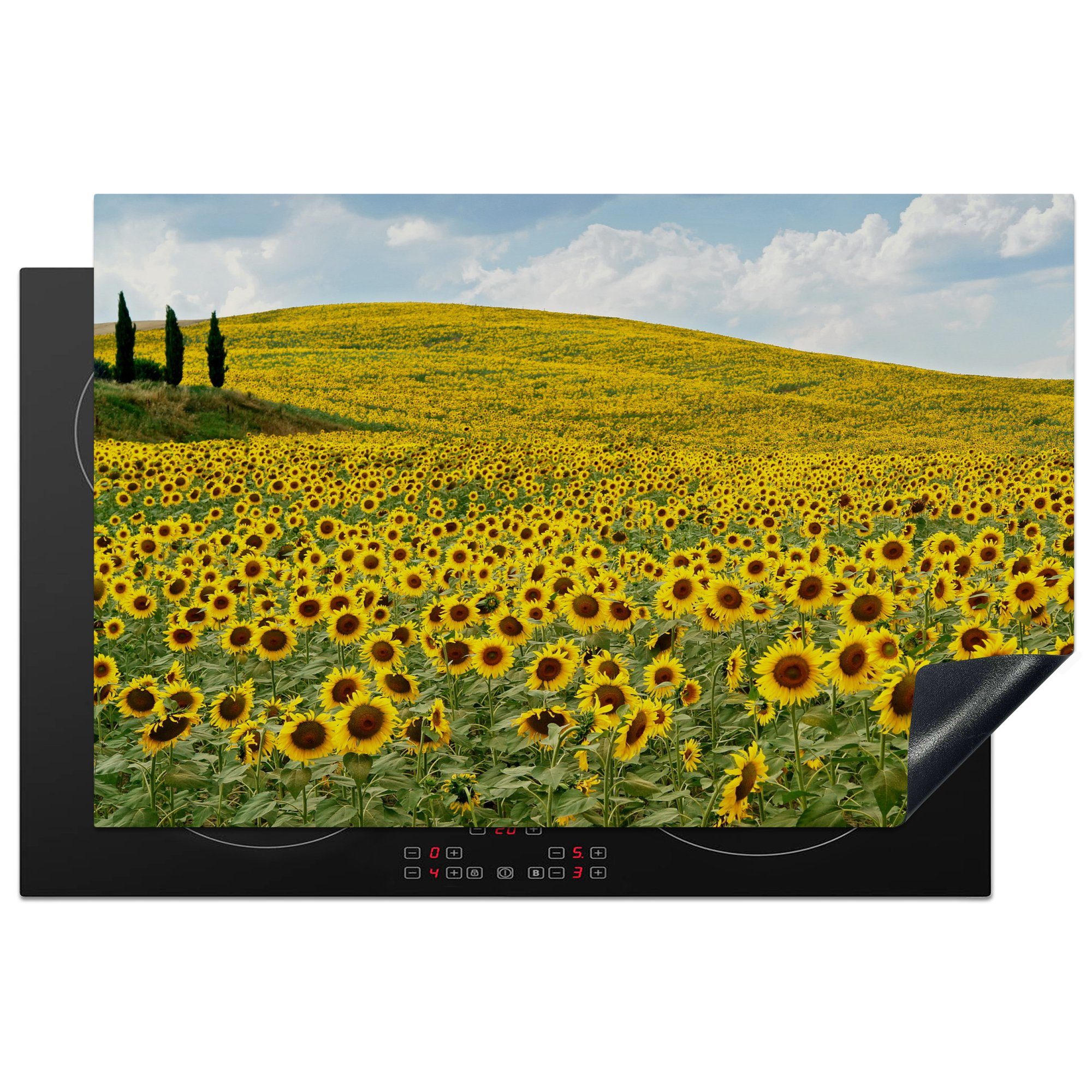 MuchoWow Herdblende-/Abdeckplatte Hügel mit Sonnenblumen, Vinyl, (1 tlg), 81x52 cm, Induktionskochfeld Schutz für die küche, Ceranfeldabdeckung
