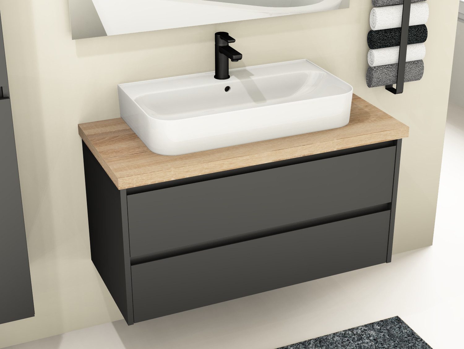 Aqua Bagno Badmöbel-Set Duo Badmöbel 100 cm – Anthrazit Matt mit MDF-Trägerplatte & Keramik, (Badschrank vormontiert, 3-St., Badmöbelschrank mit Trägerplatte, Waschbecken), einfache Montage