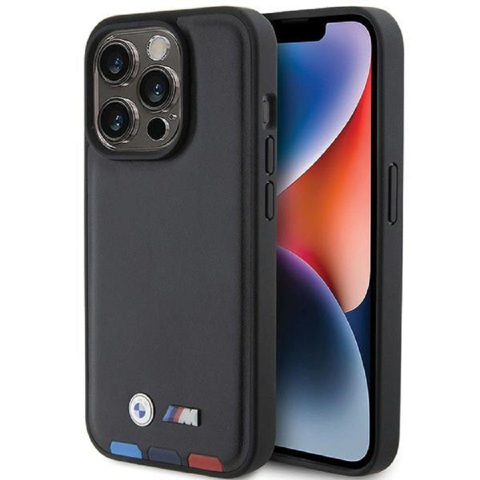 BMW Handyhülle Case iPhone 15 Pro Kunstleder schwarz BMW Metall Logo 6,1 Zoll, Kantenschutz